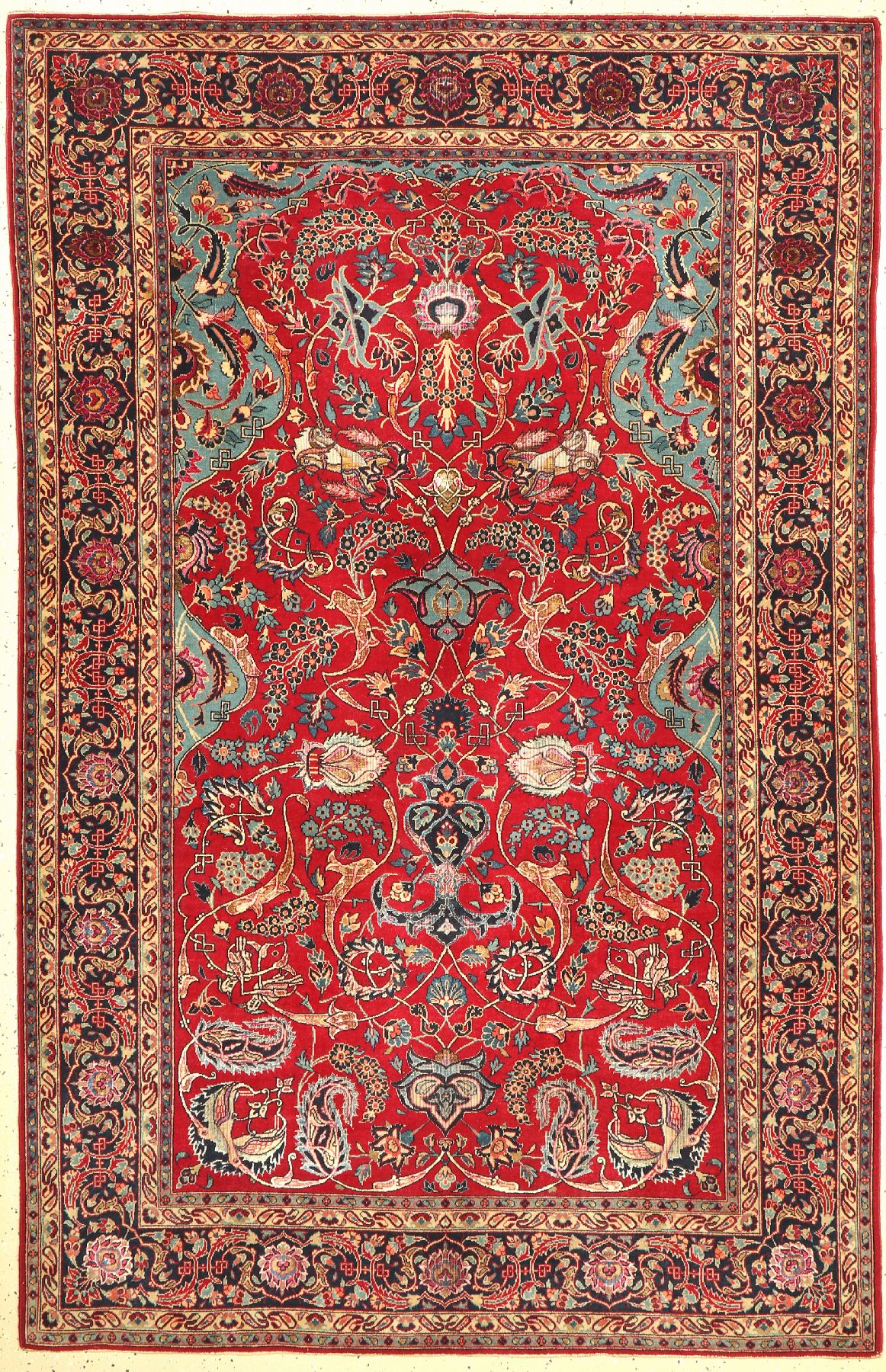 Feiner Keschan Kork, Zentralpersien, um 1910/1920, Korkwolle mit Seide geknüpft auf Baumwolle, ausgefallenes Muster und Farbkombination, ca. 215 x ...