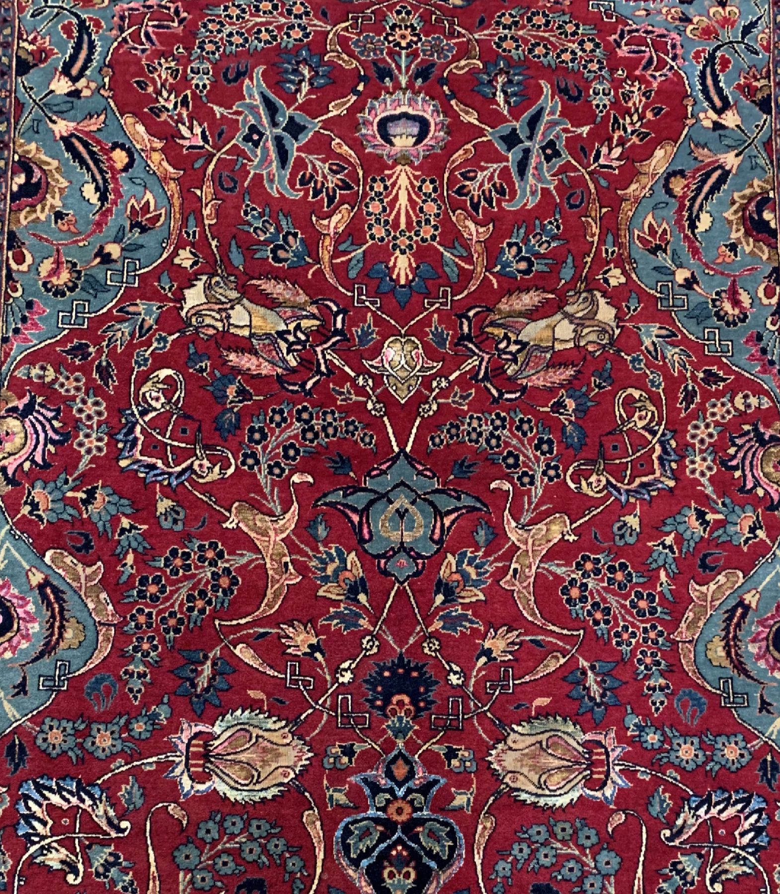 Detail a: Feiner Keschan Kork, Zentralpersien, um 1910/1920, Korkwolle mit Seide geknüpft auf Baumwolle, ausgefallenes Muster und Farbkombination, ca. 215 x ...