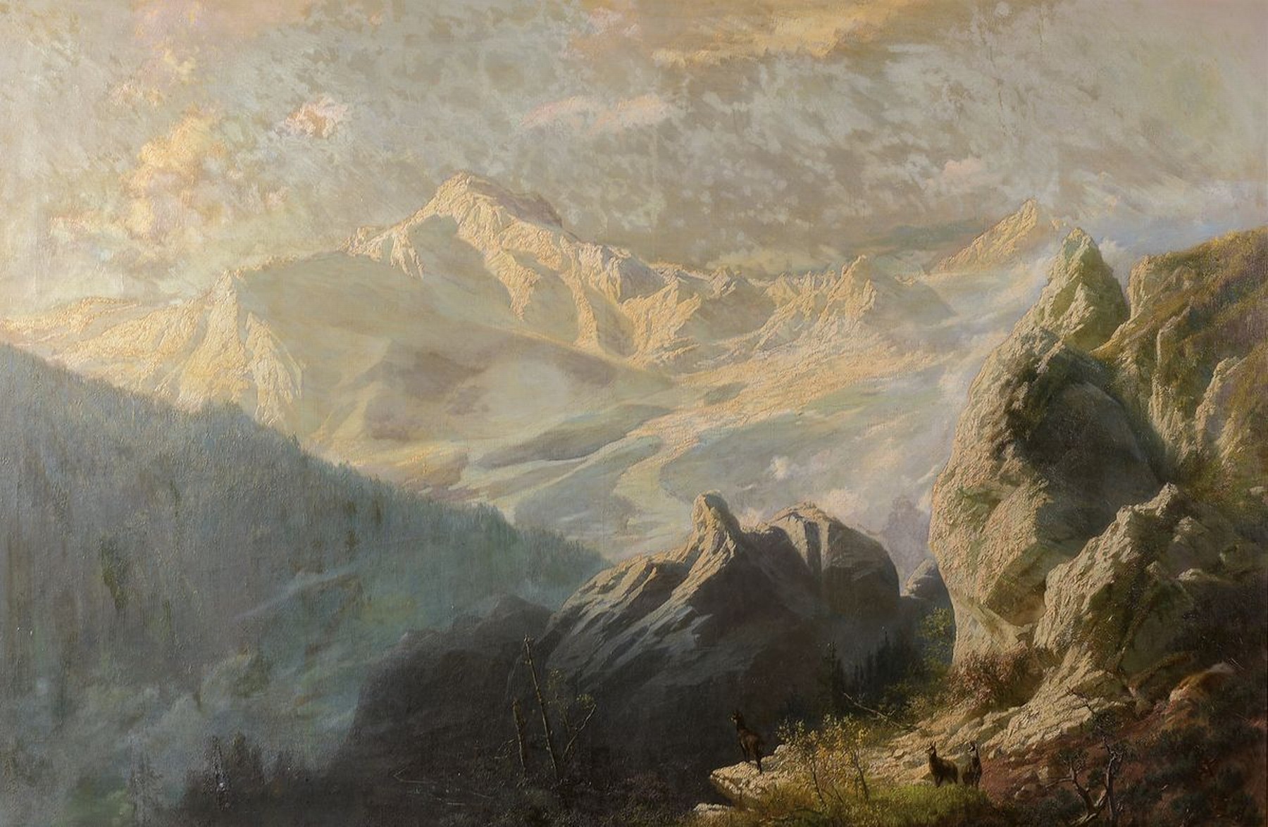 Joseph Haunstetter, 1858 München - 1944, Rimbachtal, monumentales Alpenpanorama, lichtdurchflutete Hochgebirgsansicht, gekonnte Licht- und ...
