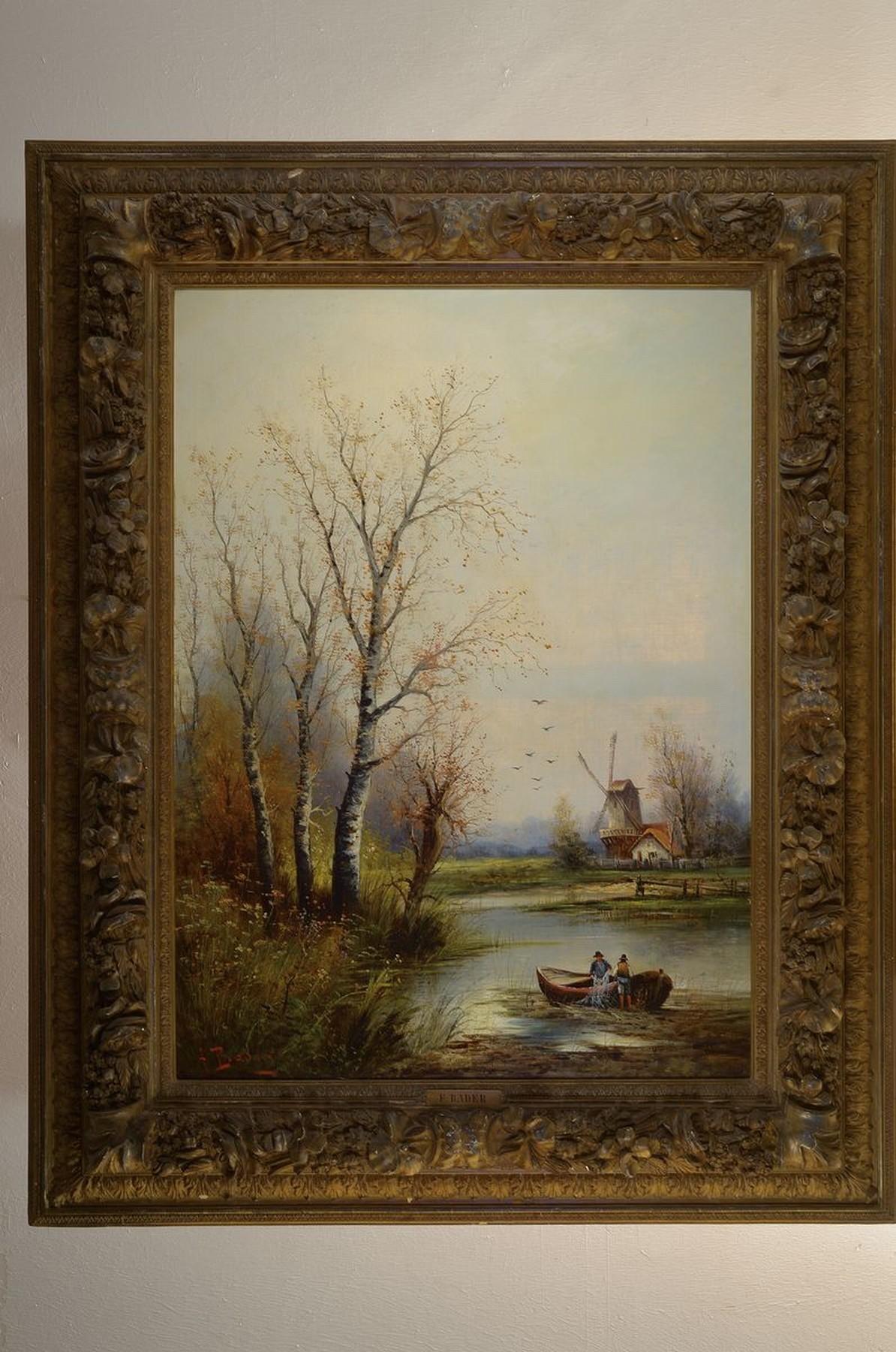 Detail k: F. Bader, deutscher Künstler, Ende 19. Jh., Flußlandschaft mit Ruderboot und Windmühle im Hintergrund, stark von den niederländischen Malern ...