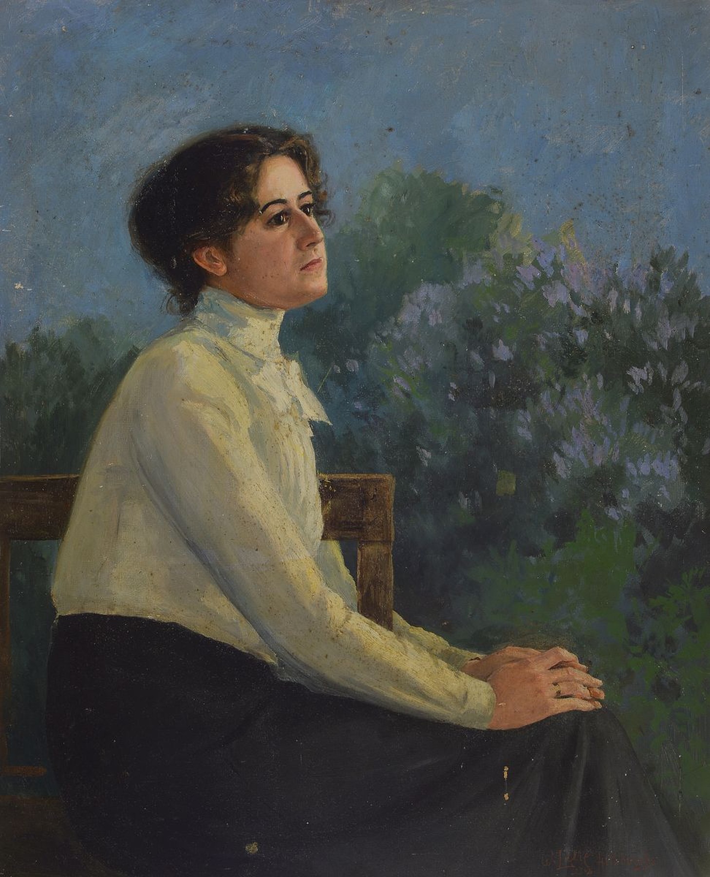 Walter Lilie, 1876 Leipzig-1924 Schwetzingen , Porträtist u. Landschaftsmaler, Studium an der Kunstakademie Dresden, hier: Kniestück einer jungen ...