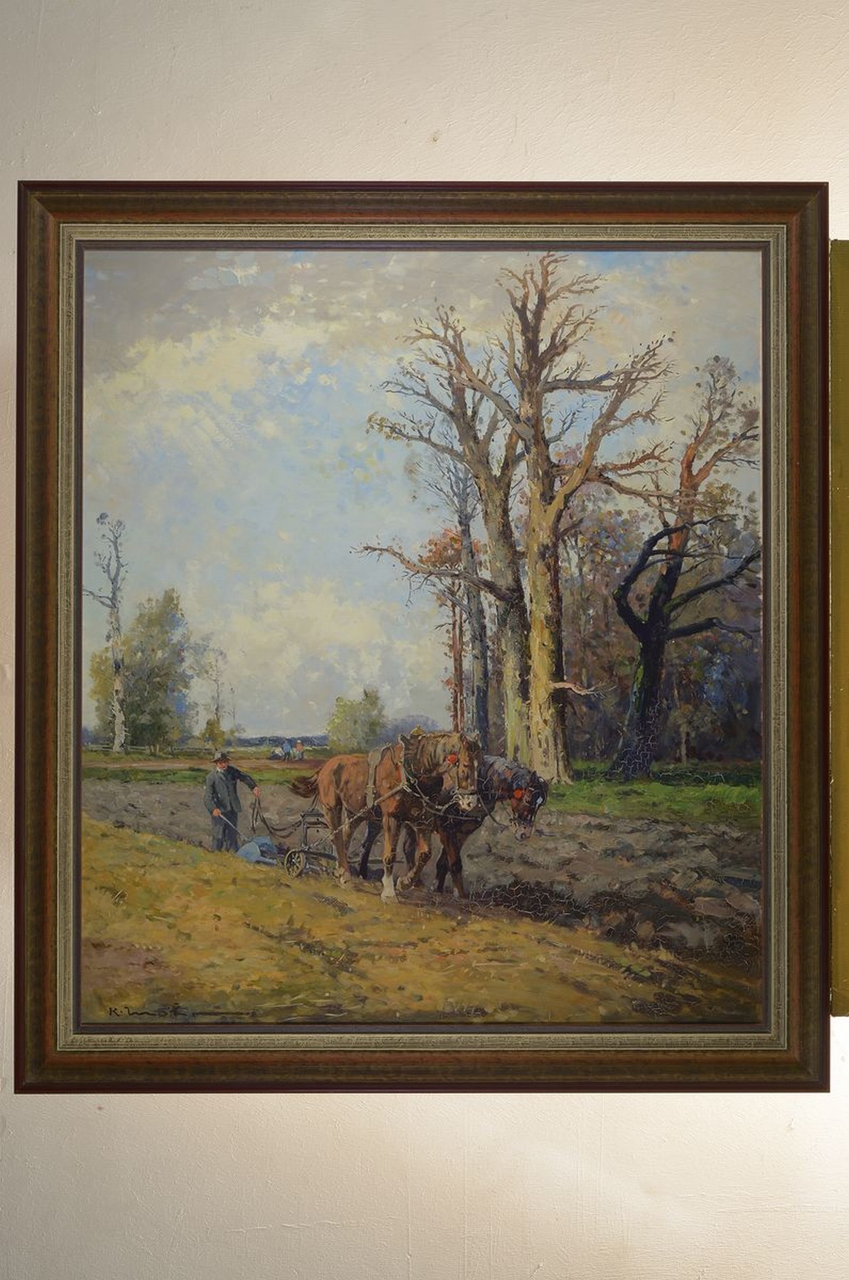Detail k: Karl Mohr, 1922 Düsseldorf-2013, vorwiegend Sujets aus der niederdeutschen Heimat, hier: mit einem Pferdefuhrwerk pflügender Bauer, ...