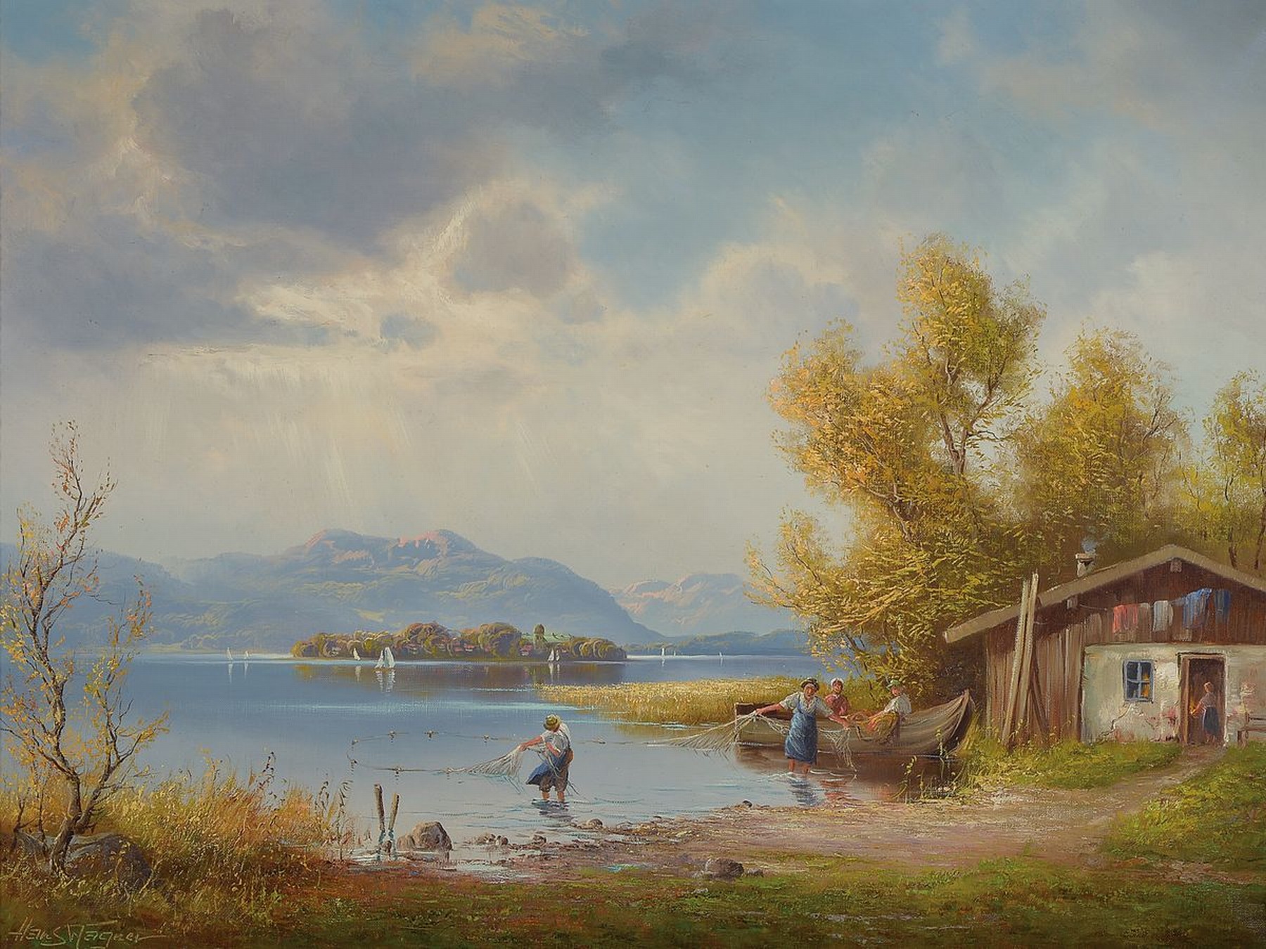 Hans Wagner, 1902-1980 München, Fischer an einem oberbayerischen See, Öl/Lwd, links unten signiert, ca. 60x80cm, R. ca. 777x97cm