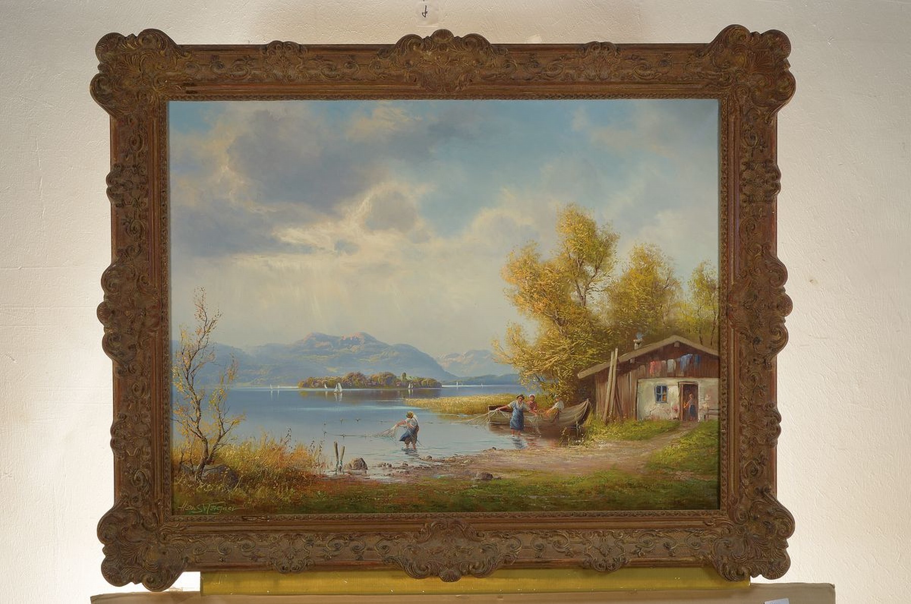 Detail k: Hans Wagner, 1902-1980 München, Fischer an einem oberbayerischen See, Öl/Lwd, links unten signiert, ca. 60x80cm, R. ca. 777x97cm
