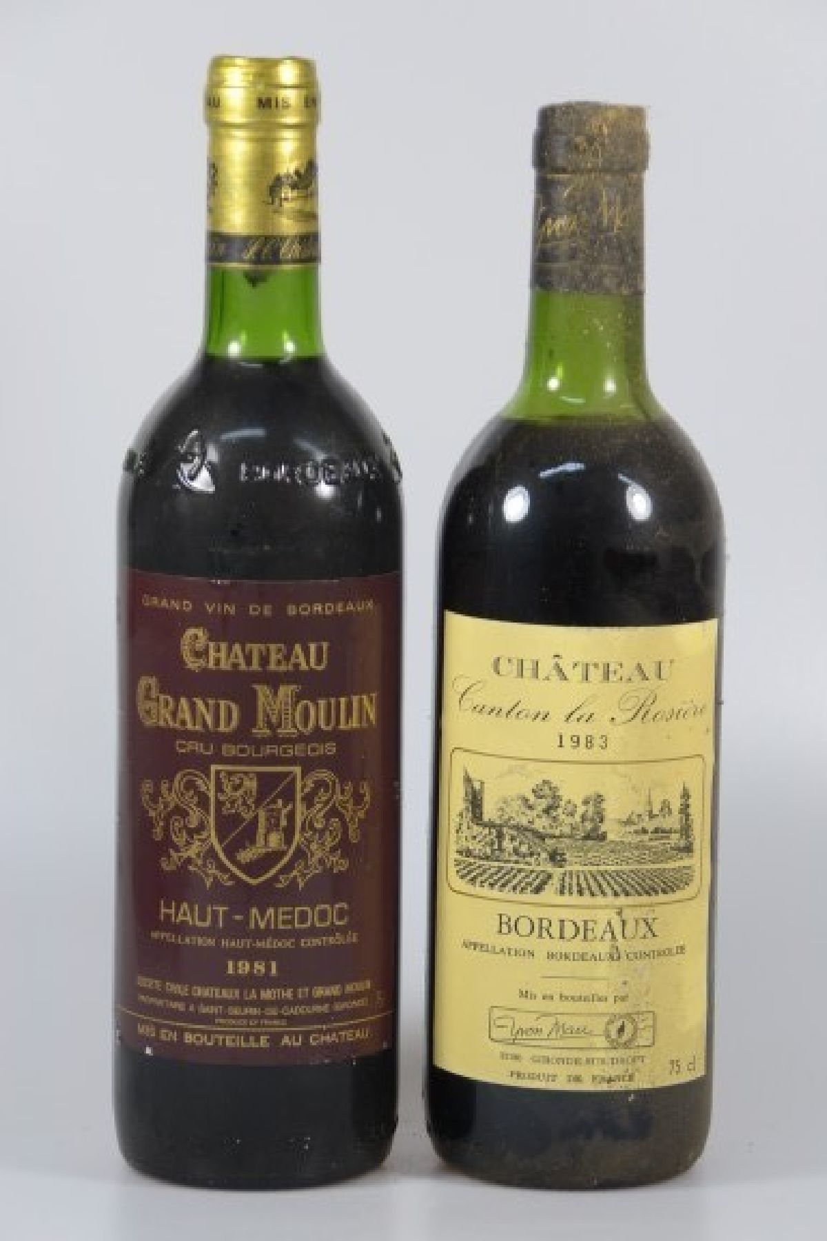 16 Flaschen Bordeaux: 7 Fl. 1981 Ch. Grand Moulin, 3 x 1982 und 1 x 1979 Cru Bourgeois, Haut Medoc; 9 Fl. 1983, Ch. Canton la Rosiere, alle 75 cl, ...