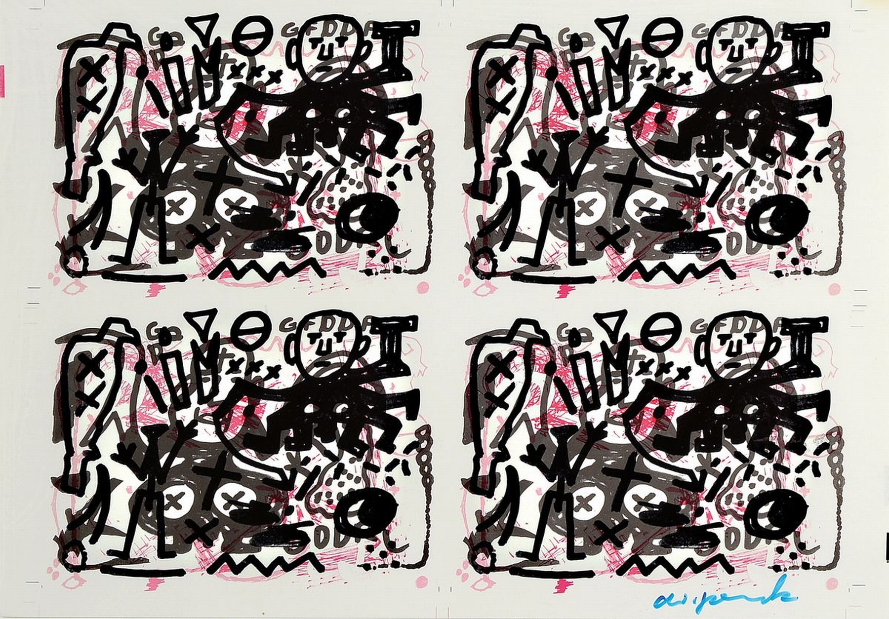 A.R. Penck, 1939-2017, Andruckbogen zu "Irland und GFDDF" (1989), Farboffset, rechts unten handsigniert, unter Glas gerahmt, ca. ...