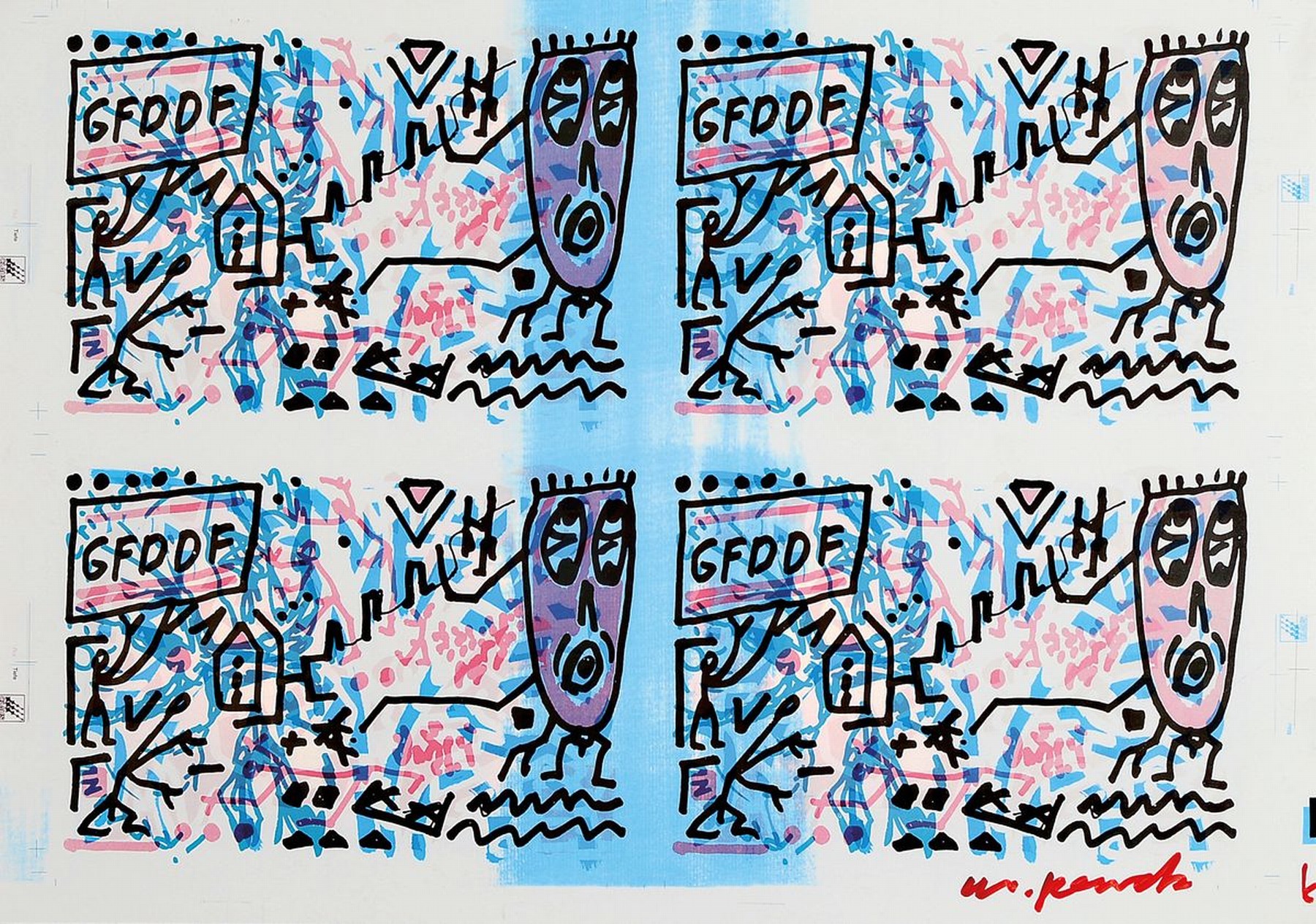 A.R. Penck, 1939-2017, Andruckbogen zu "Lafontaine greift ein", Farboffset, rechts unten handsigniert, unter Glas gerahmt, l. beschm., ca. ...