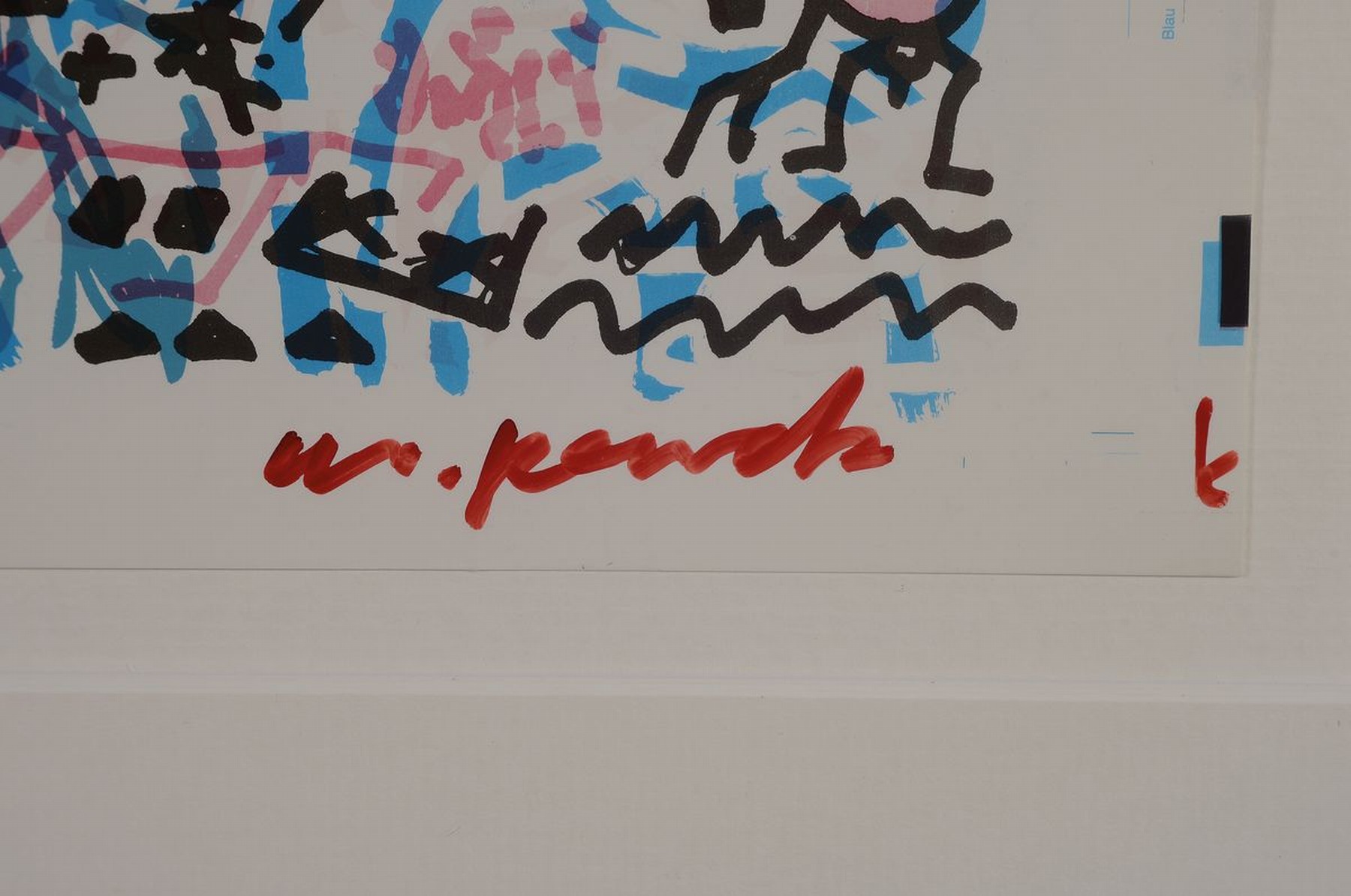 Detail a: A.R. Penck, 1939-2017, Andruckbogen zu "Lafontaine greift ein", Farboffset, rechts unten handsigniert, unter Glas gerahmt, l. beschm., ca. ...