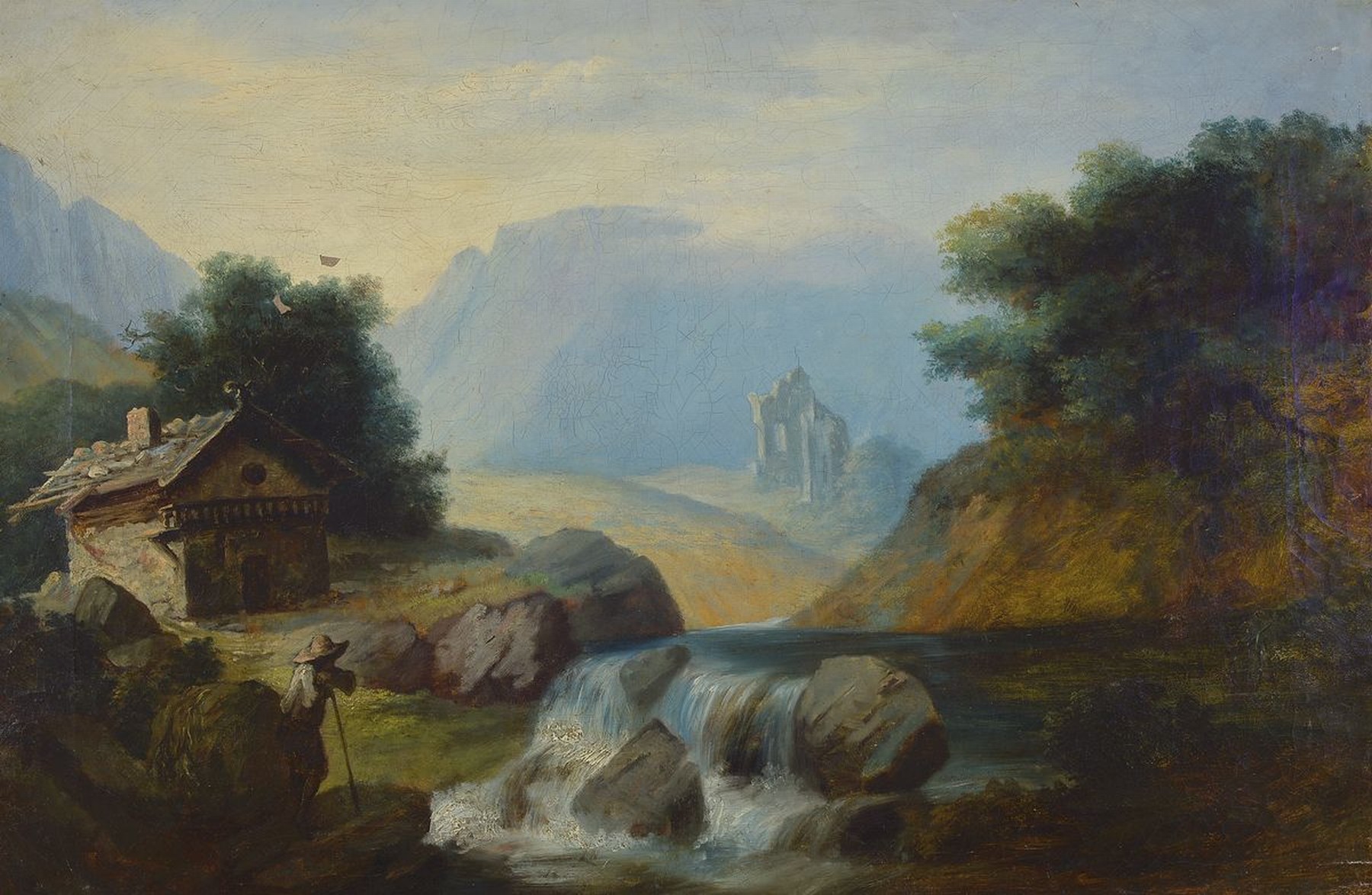 Unbekannter Romantiker des ausgehenden 18.Jh ., idealisierte Naturlandschaft, überzeitlicher Charakter des Wasserfalls im Vordergrund kontrastierend ...