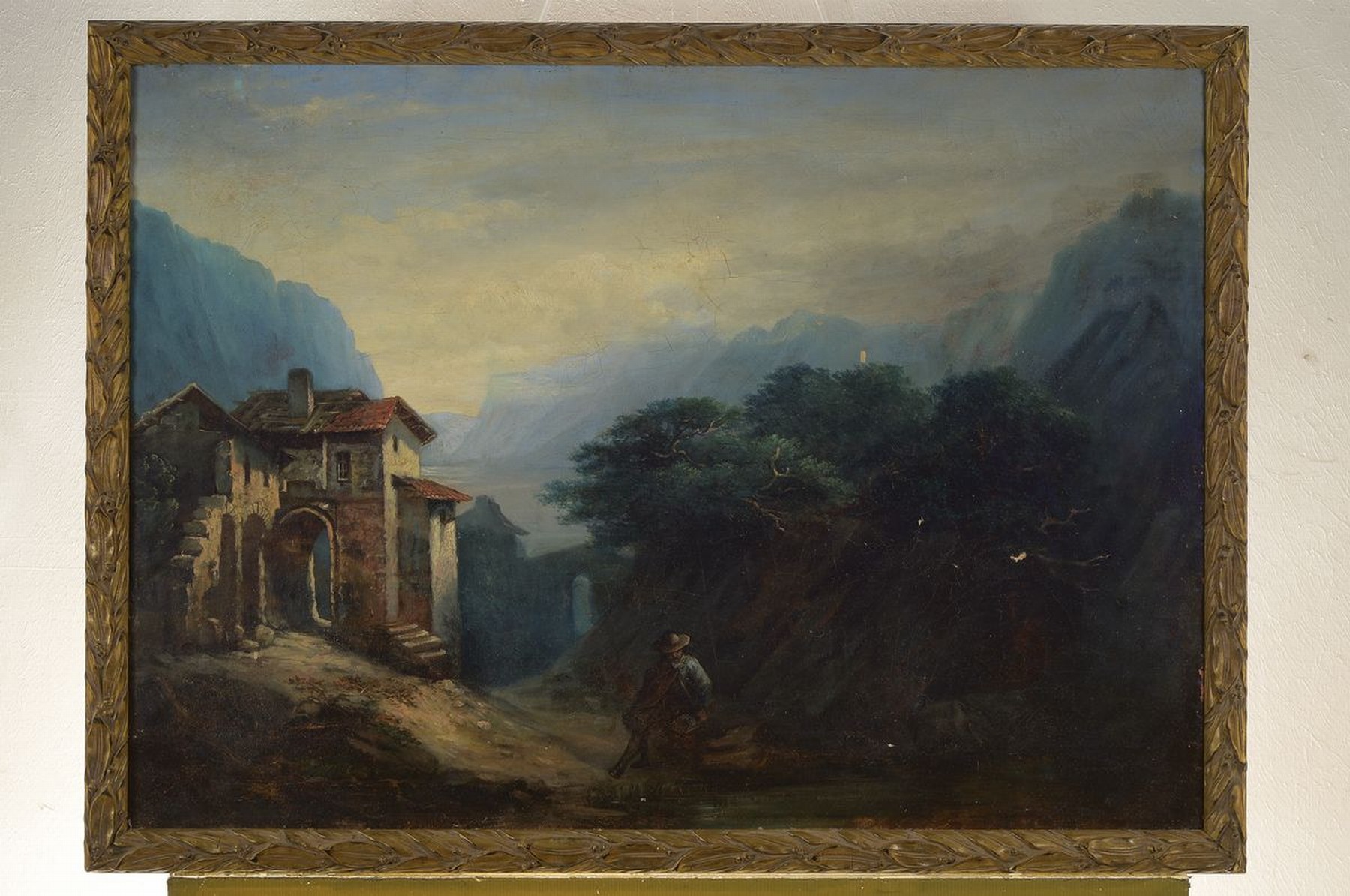 Detail k: Unbekannter Romantiker des ausgehenden 18.Jh. , idealisierte Landschaft, Wanderer als Repoussoir im Verweis auf das Motiv der Sehnsucht u. ...