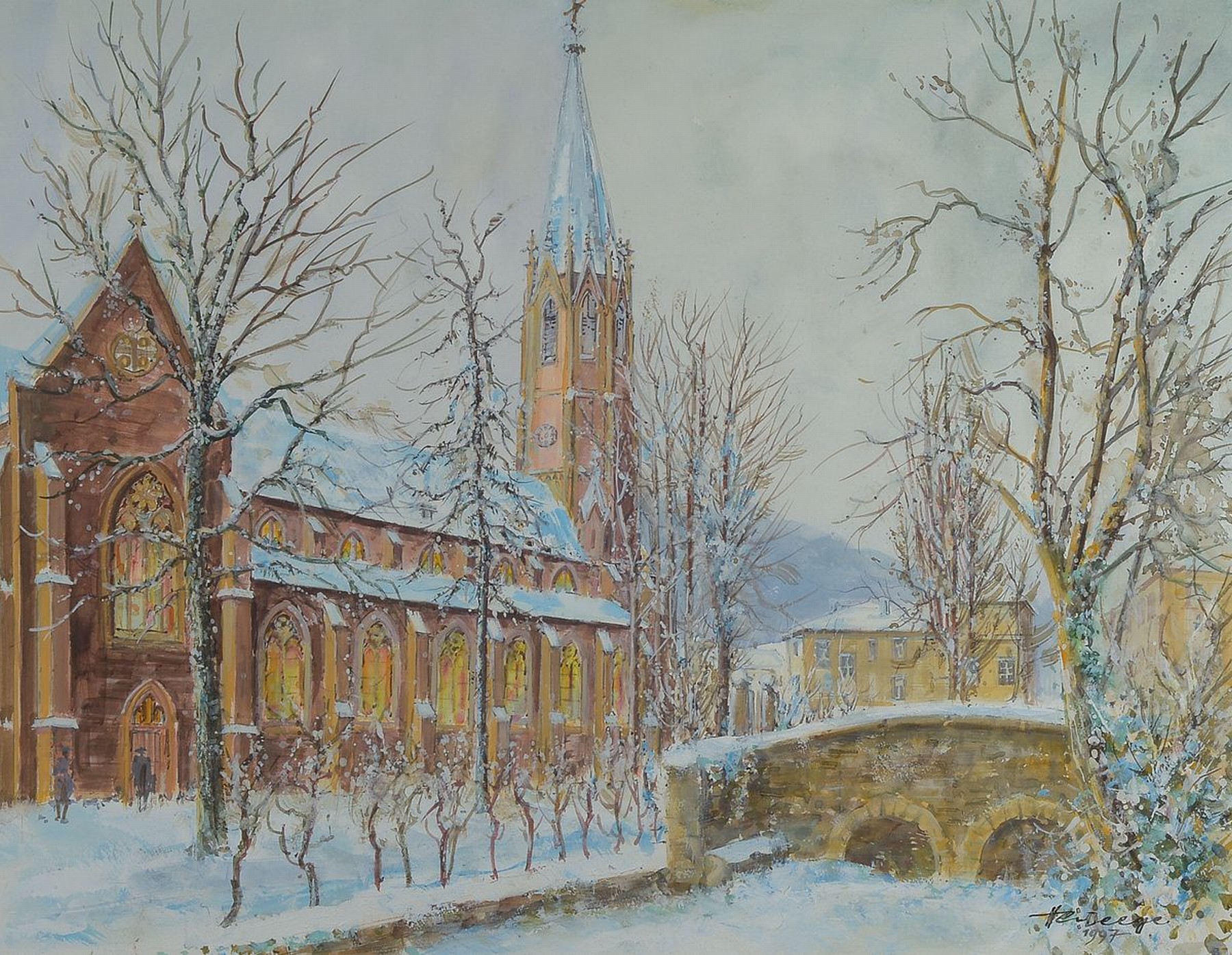 Heiner Deege, 1920-2007 Haßloch, 2 Aquarelle, beide signiert: Marienkirche in Neustadt im Winter, ca. 50x63cm, PP, u.Gl., R. ca. 71x84cm und ...