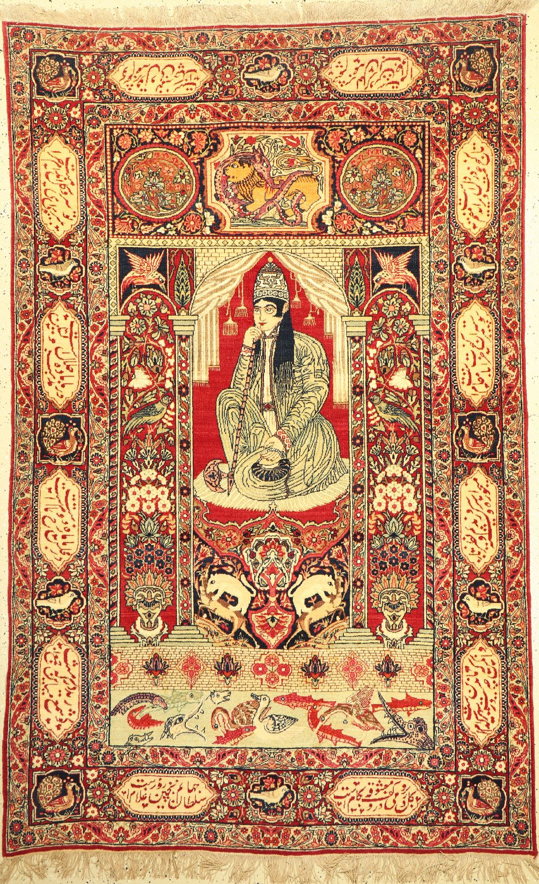Seltener antiker Kerman, Persien, 19.Jhd, Wolle geknüpft auf Baumwolle, antiker Kerman mit Derwisch Motiv, seltene Tierdarstellungen, ca, 220 x 140 ...