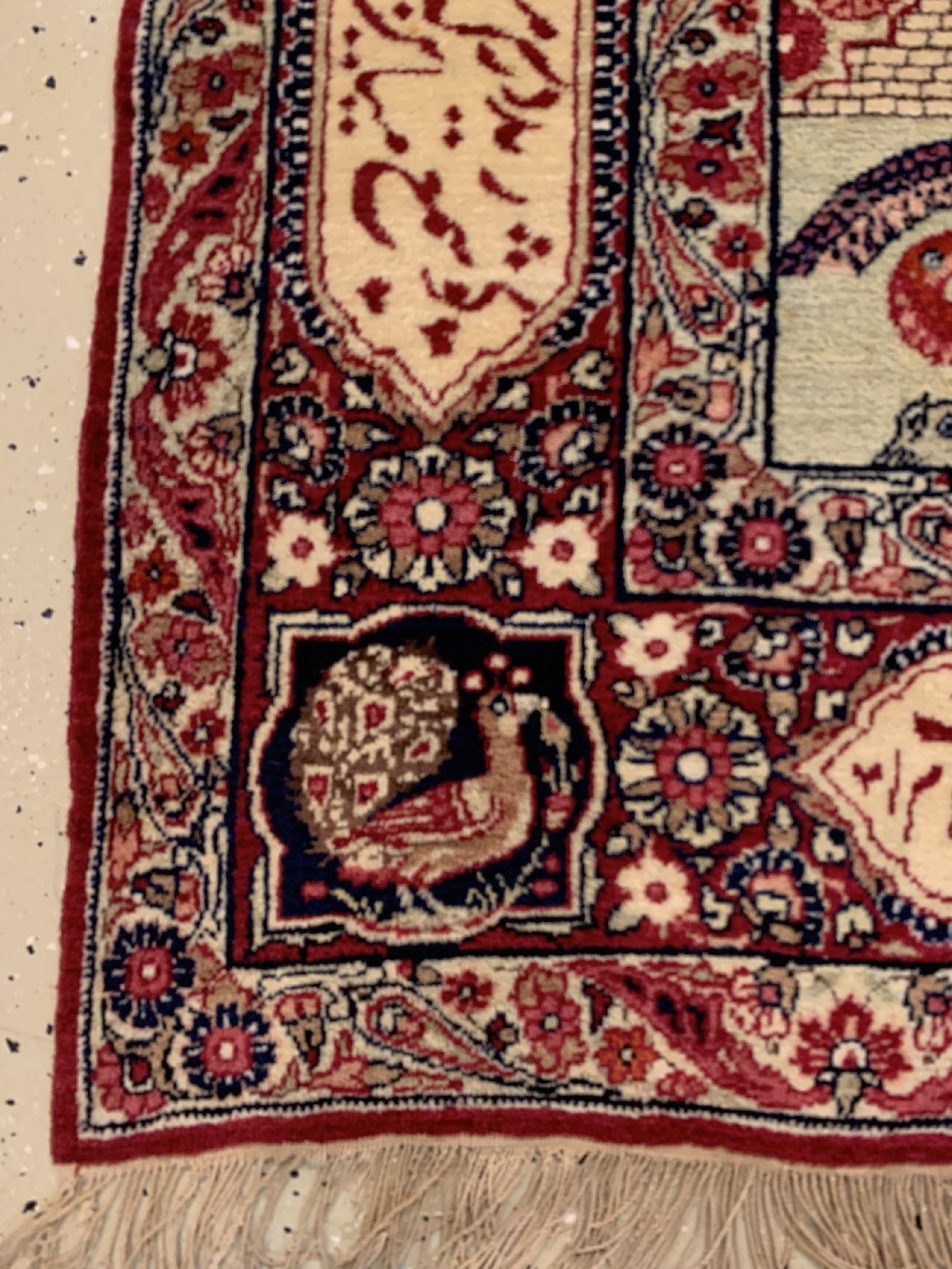 Detail e: Seltener antiker Kerman, Persien, 19.Jhd, Wolle geknüpft auf Baumwolle, antiker Kerman mit Derwisch Motiv, seltene Tierdarstellungen, ca, 220 x 140 ...