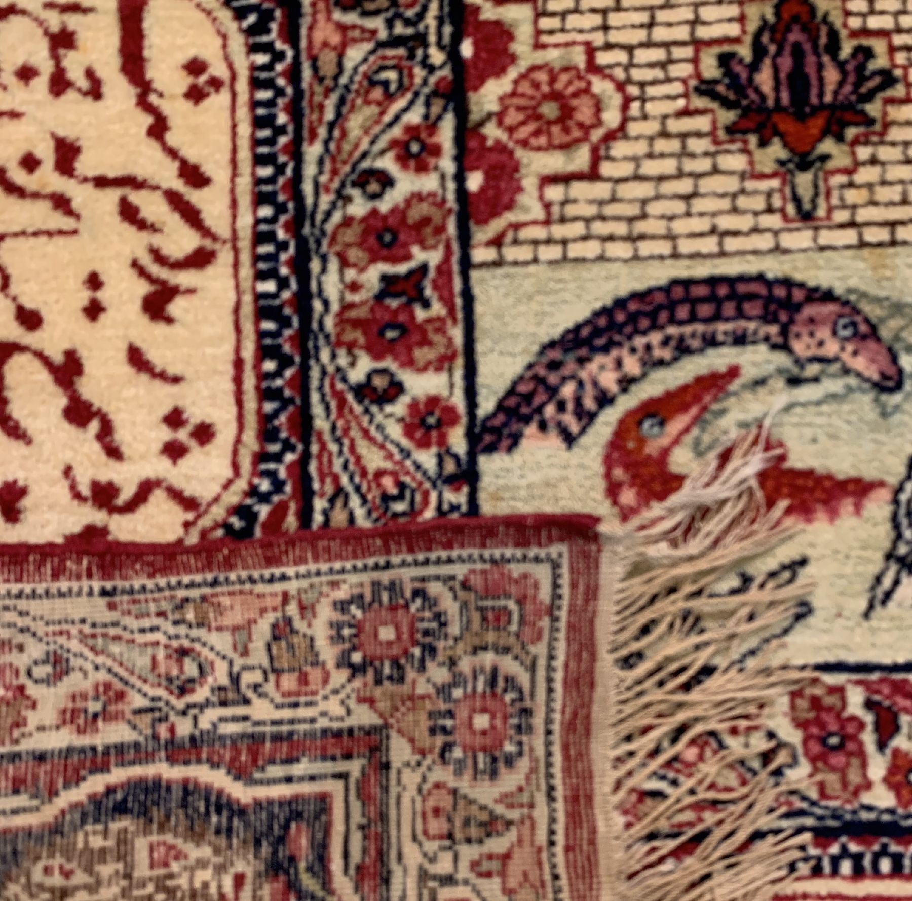 Detail g: Seltener antiker Kerman, Persien, 19.Jhd, Wolle geknüpft auf Baumwolle, antiker Kerman mit Derwisch Motiv, seltene Tierdarstellungen, ca, 220 x 140 ...