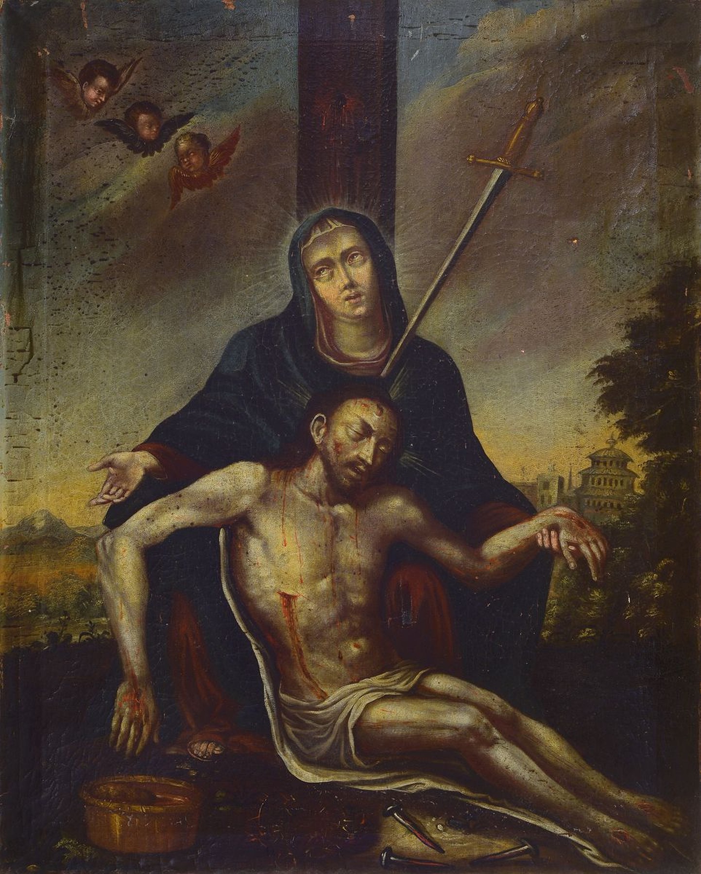 Unbekannter Künstler des frühen 18.Jh., Norditalien, Pieta, Maria als Mater Dolorosa (Schmerzensmutter) vor dem Kreuz, im Hintergrund idealisierte ...