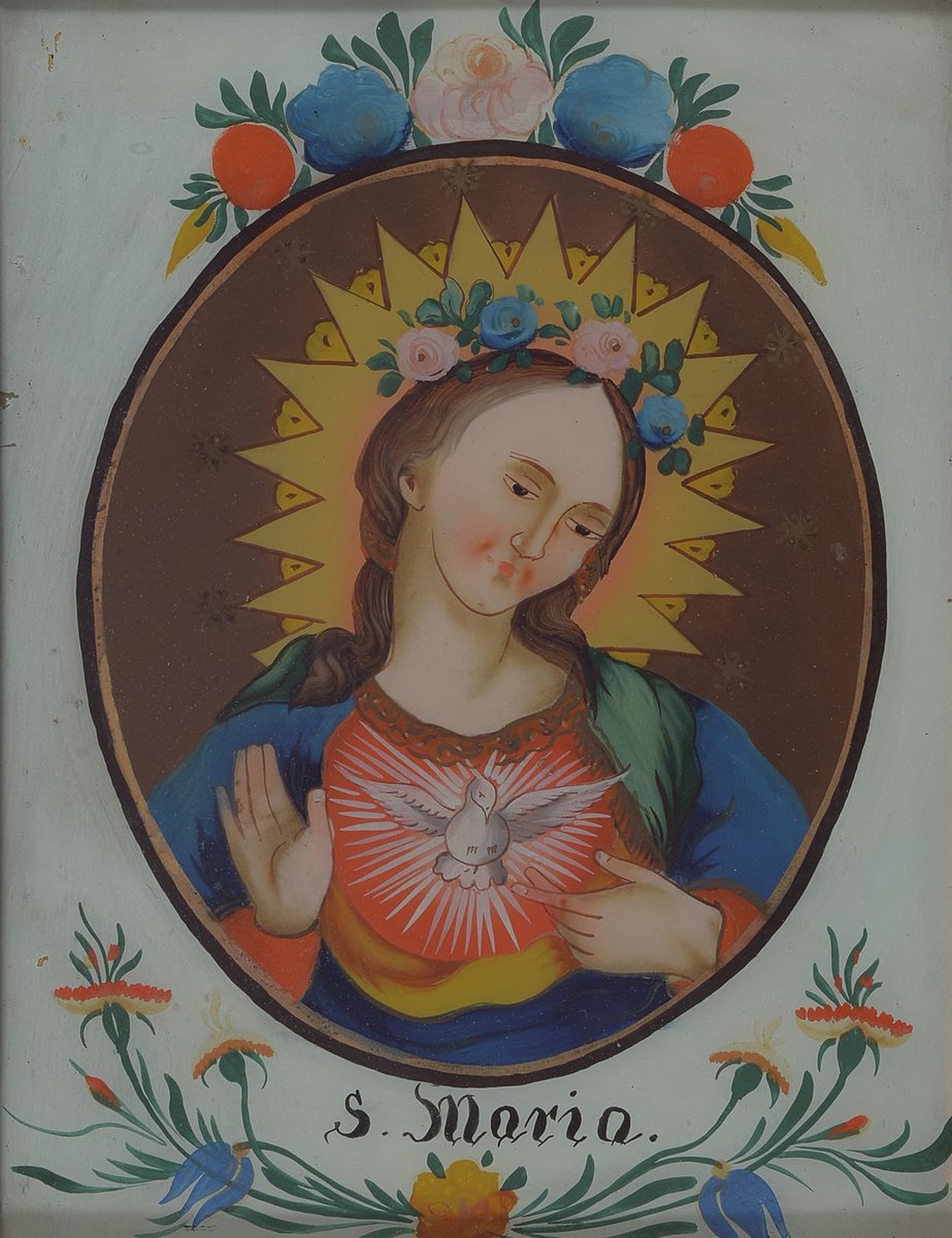 Hinterglasbild, deutsch, um 1830/40, Brustbild Mariae Empfängnis, polychrome Hinterglasmalerei, l. Farbverluste, bez., in Holzrahmen, ca. ...