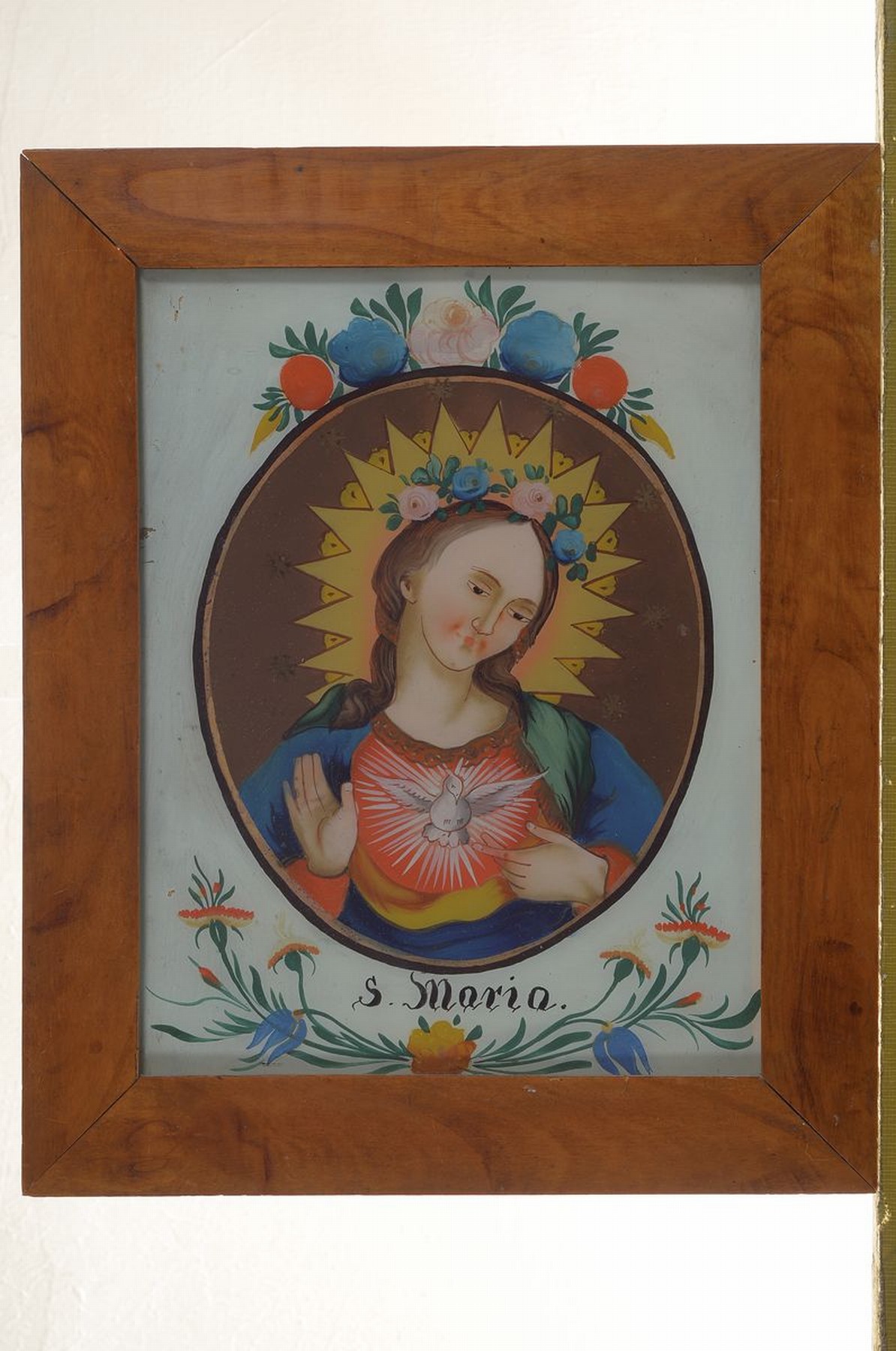Detail k: Hinterglasbild, deutsch, um 1830/40, Brustbild Mariae Empfängnis, polychrome Hinterglasmalerei, l. Farbverluste, bez., in Holzrahmen, ca. ...