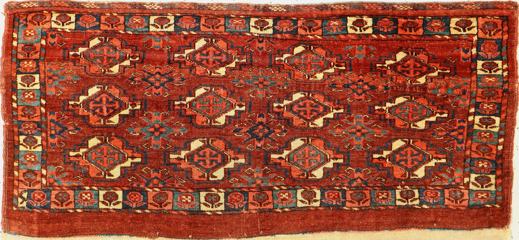 Antiker Yomud Torba, Turkmenistan, 19.Jhd, Wolle geknüpft auf Wolle, ca. 117 x 55 cm, EHZ: 3(Altersbedingt guter Zustand).