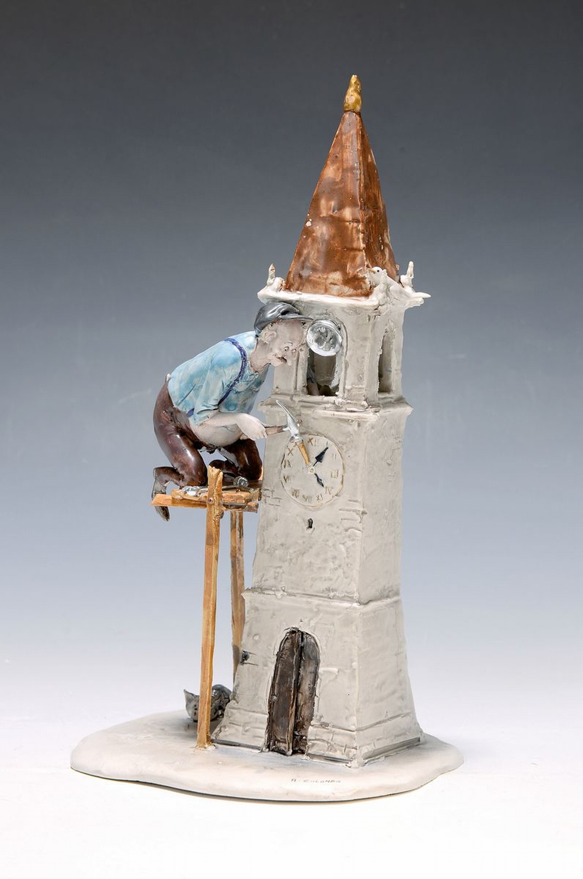 Porzellanfigur, Lo Scricciolo Mailand, 1980er Jahre, Der Uhrmacher, von Adriano Colombo (geb. 1940), filigrane detaillierte Arbeit, polychrom ...