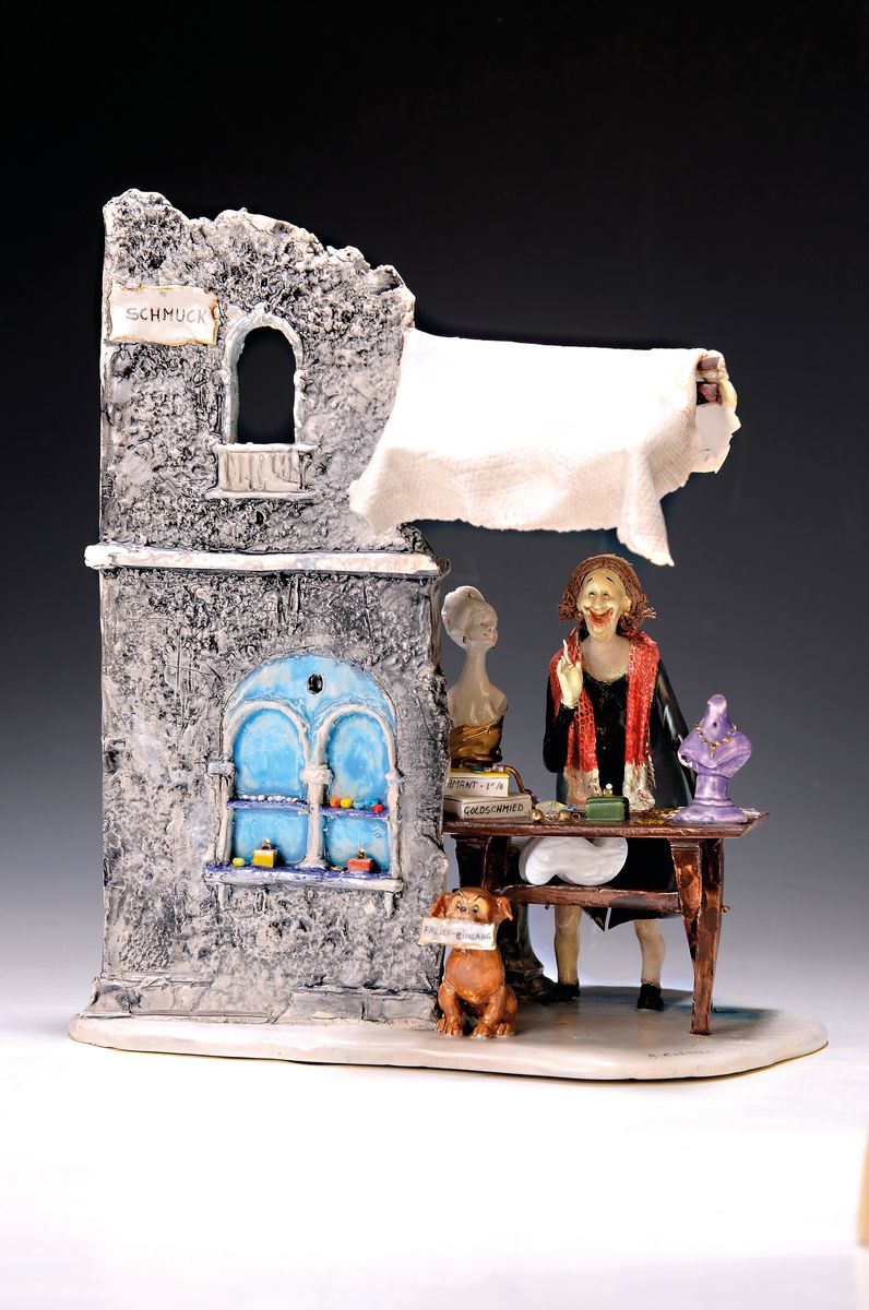 Porzellanfigur, Lo Scricciolo Mailand, 1980er Jahre, Der Juwelier, von Adriano Colombo (geb. 1940), filigrane detaillierte Arbeit, polychrom gefaßt, ...