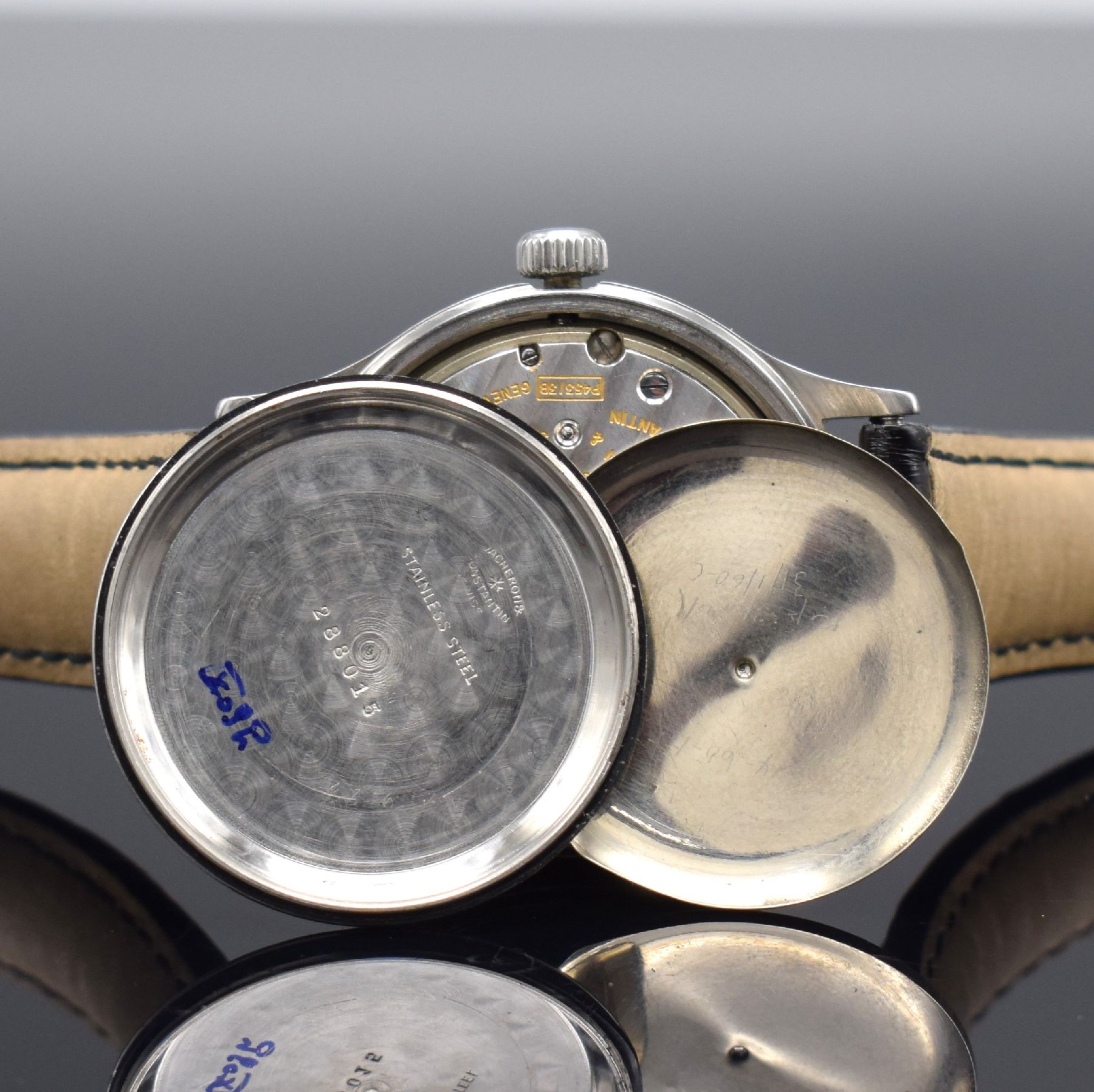 Detail h: VACHERON & CONSTANTIN Herrenarmbanduhr in Stahl mit Faltschließe in WG 750/000 Kaliber P453/3B , Schweiz um 1950, Handaufzug, 2- teil. Geh., Boden ...