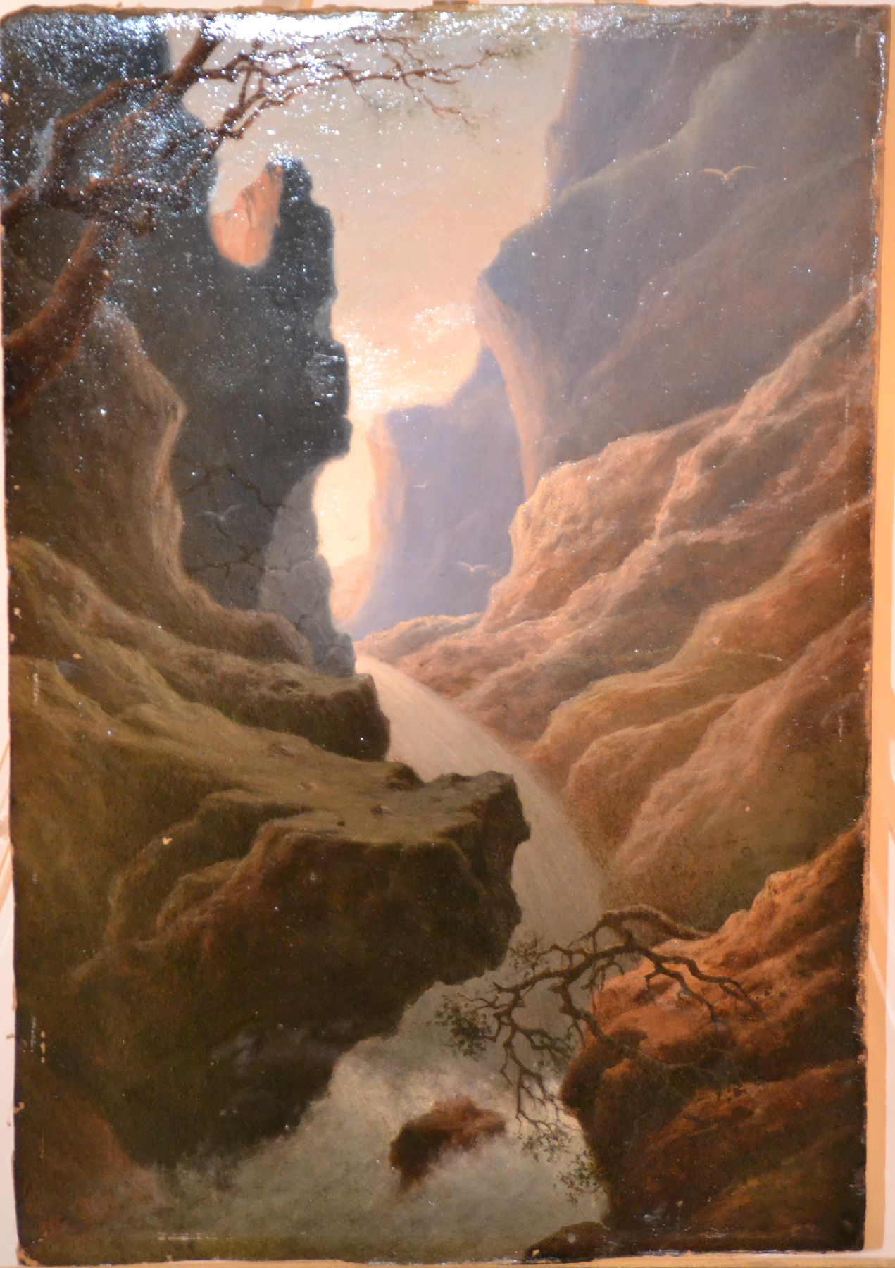 Detail b: Wohl skandinavischer Künstler des 19.Jh., Ansicht einer Schlucht, verso auf Malkarton unleserlich bez. Sinding, Öl/Lwd/Malkarton, unsigniert, ...