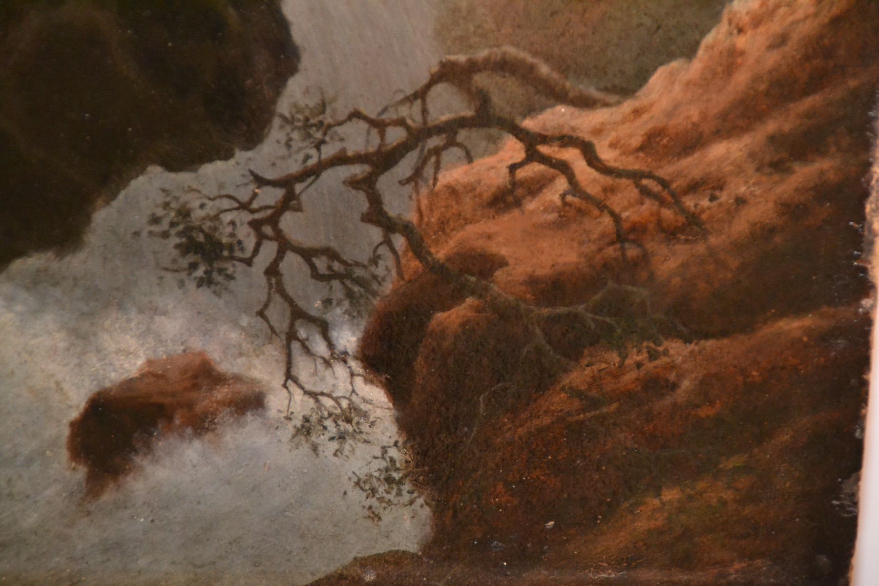 Detail d: Wohl skandinavischer Künstler des 19.Jh., Ansicht einer Schlucht, verso auf Malkarton unleserlich bez. Sinding, Öl/Lwd/Malkarton, unsigniert, ...