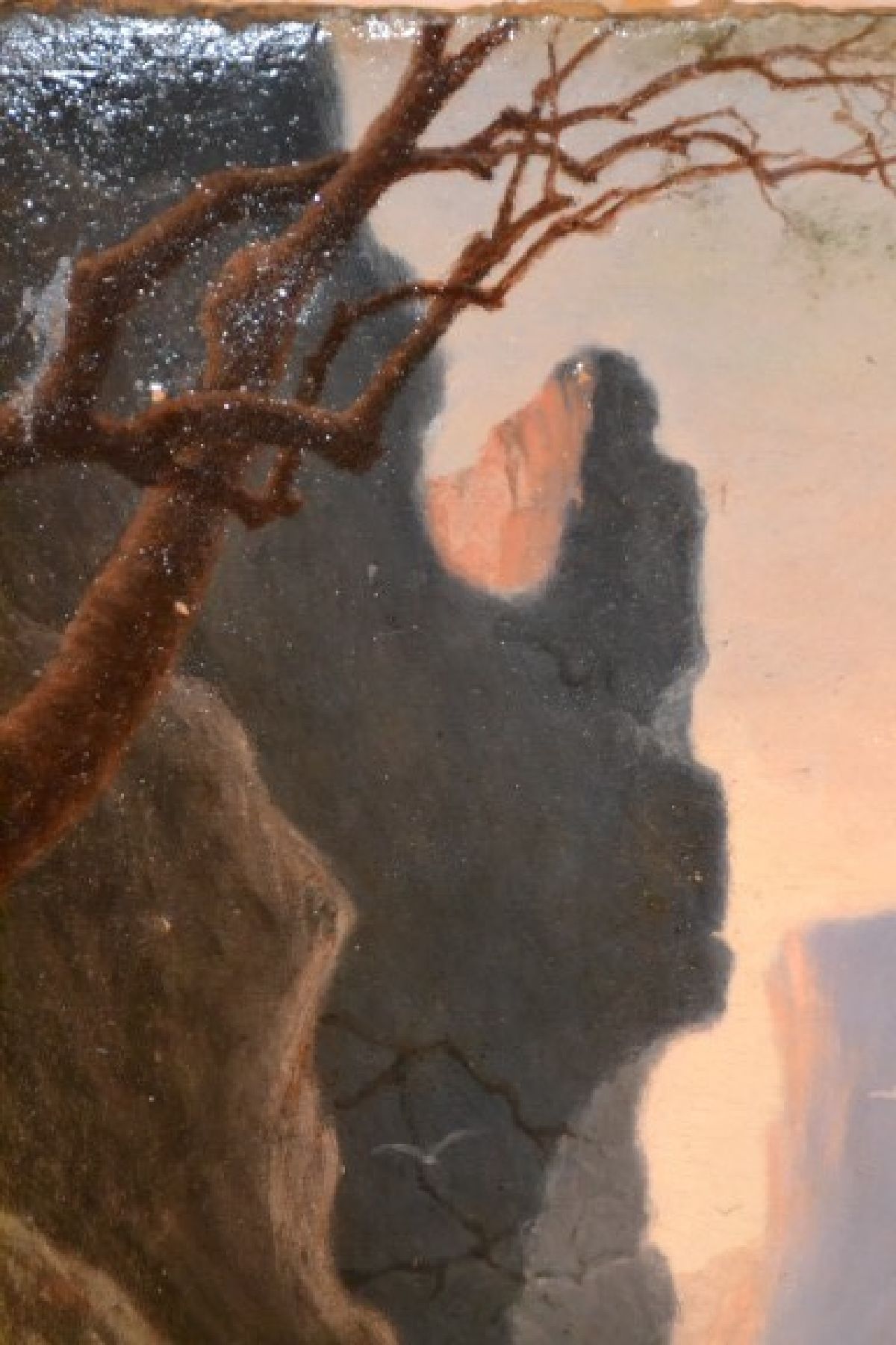 Detail e: Wohl skandinavischer Künstler des 19.Jh., Ansicht einer Schlucht, verso auf Malkarton unleserlich bez. Sinding, Öl/Lwd/Malkarton, unsigniert, ...