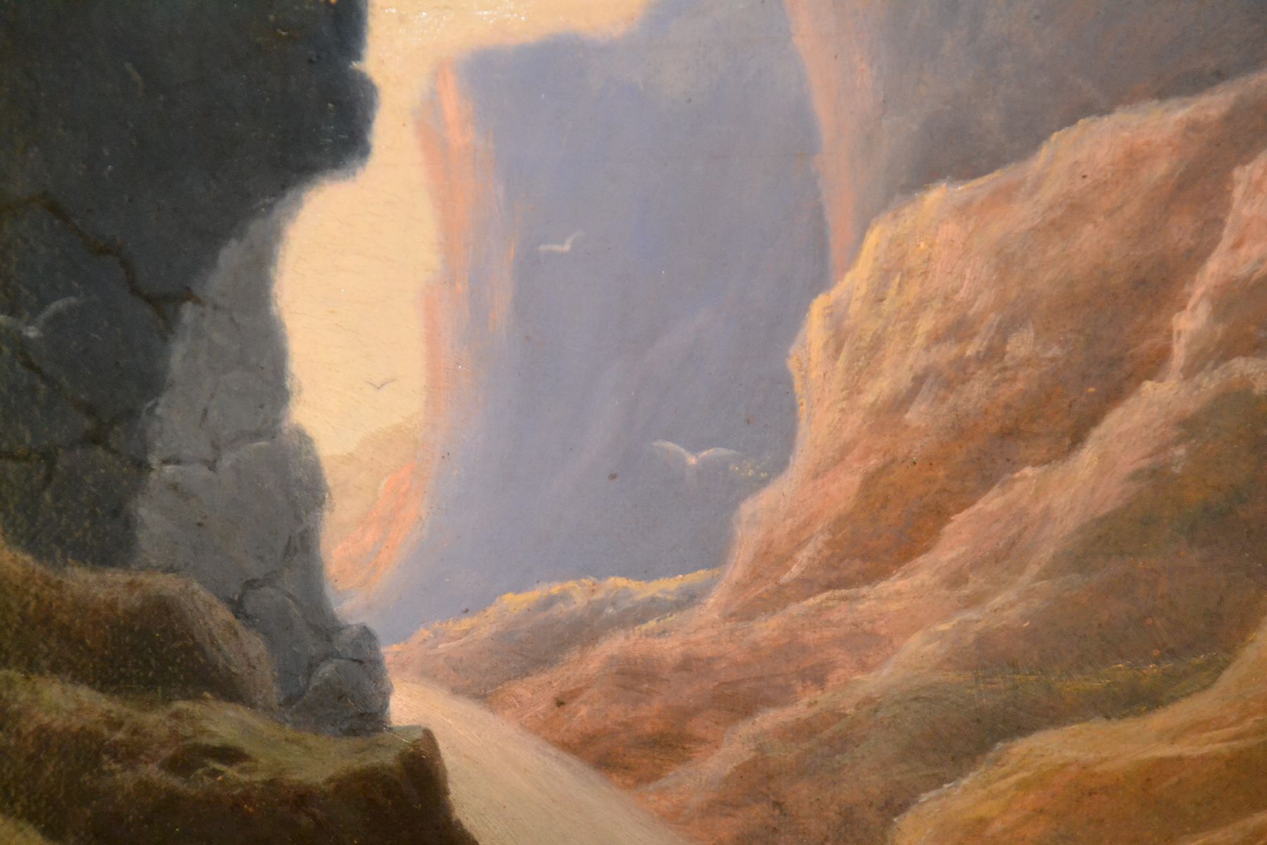 Detail f: Wohl skandinavischer Künstler des 19.Jh., Ansicht einer Schlucht, verso auf Malkarton unleserlich bez. Sinding, Öl/Lwd/Malkarton, unsigniert, ...