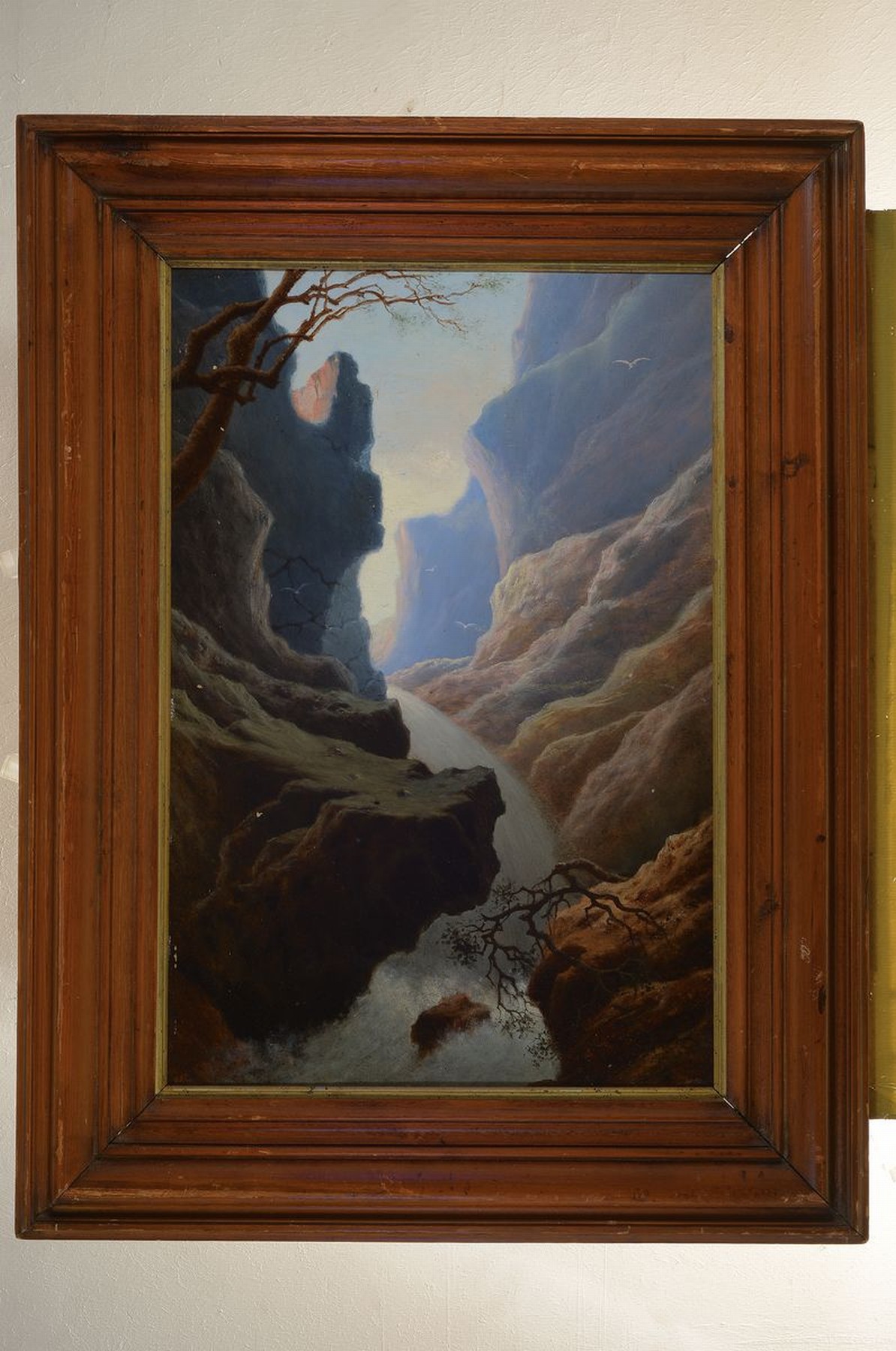 Detail k: Wohl skandinavischer Künstler des 19.Jh., Ansicht einer Schlucht, verso auf Malkarton unleserlich bez. Sinding, Öl/Lwd/Malkarton, unsigniert, ...