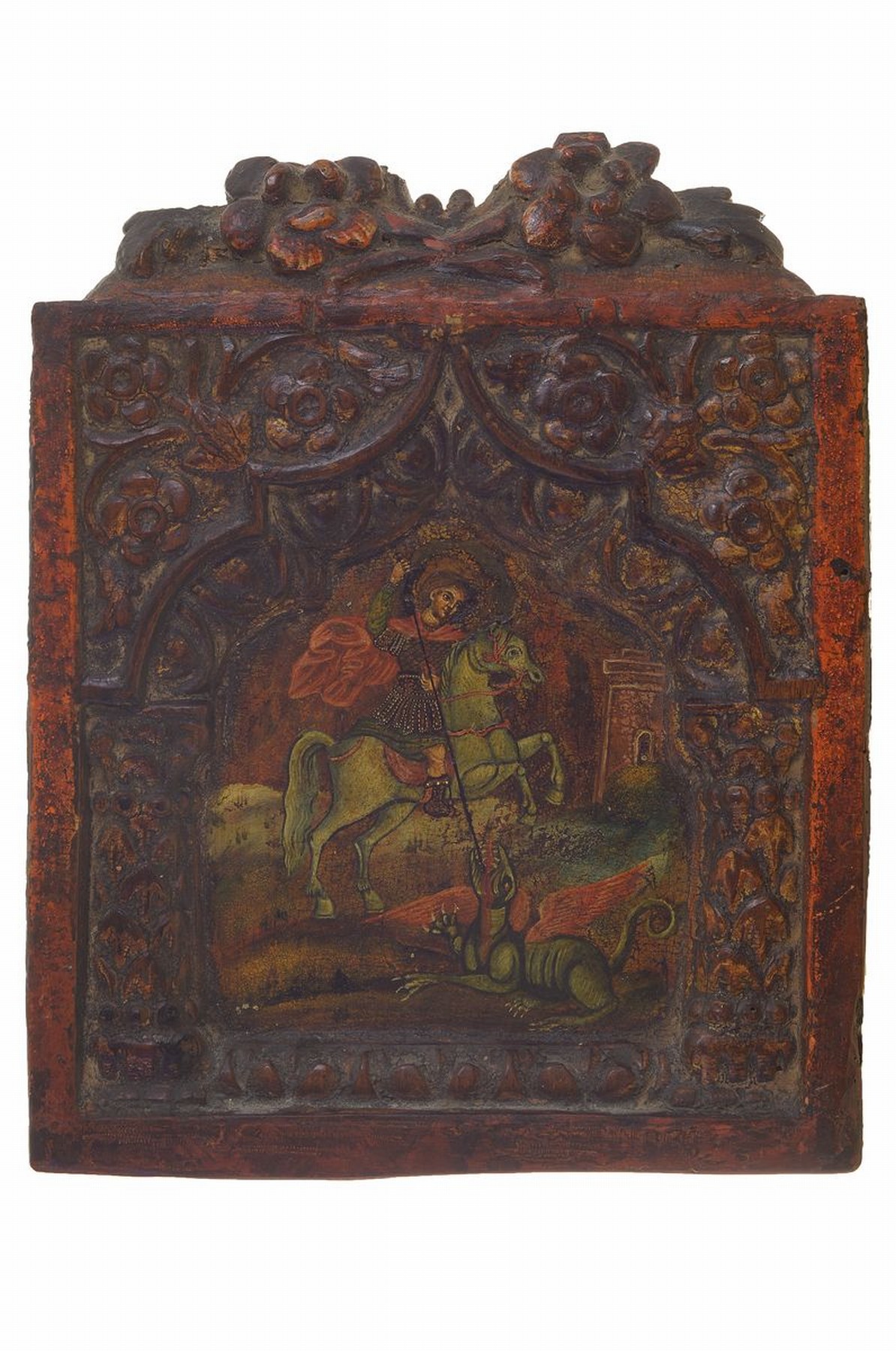 Ikone, Griechenland/Balkan, um 1900, Heiliger Georg der Drachentöter, Holz geschnitzt, polychrome Bemalung, Einfassung mit floralem Dekor, ...