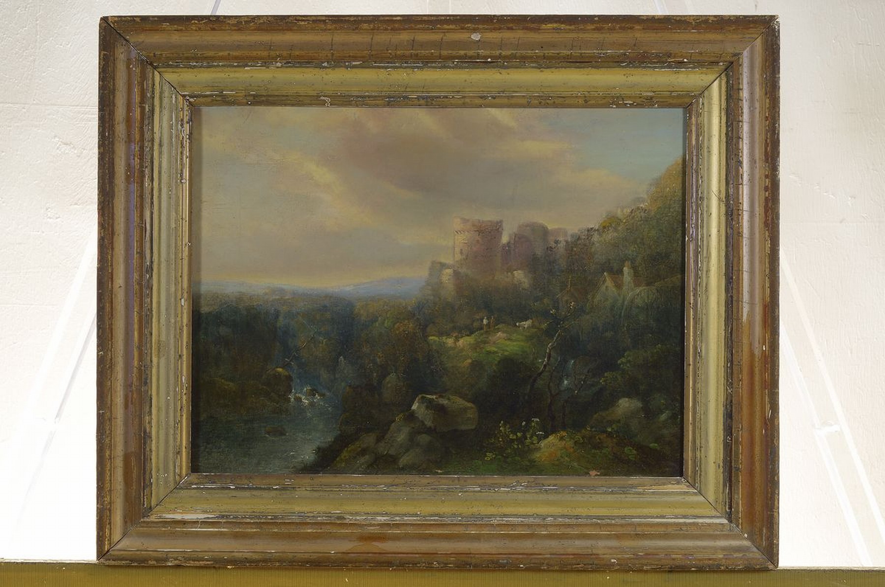 Detail k: Unbekannter Künstler, deutsch, Mitte 19. Jh., Landschaft mit Burg und darunter liegendem Tal, Öl/Lwd, rest., ca. 30x40cm, R. ca. 42x52cm