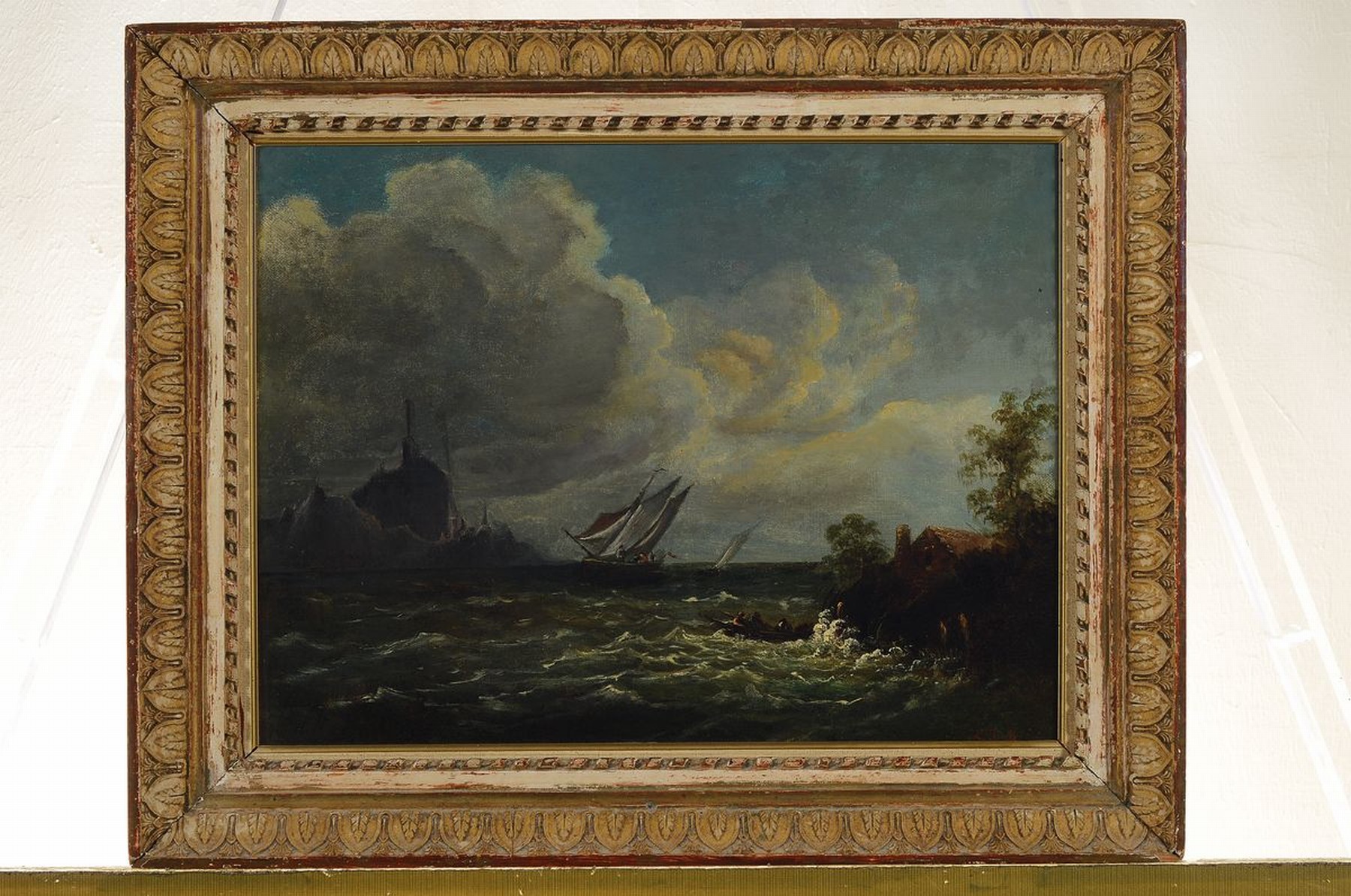 Detail k: Monogrammist L.J. mit Anker, Mitte 19. Jh., Segelschiff auf stürmischer See vor der Küste, Öl/Lwd, rechts unten monogr., ca. 33x40cm, R. ca. ...