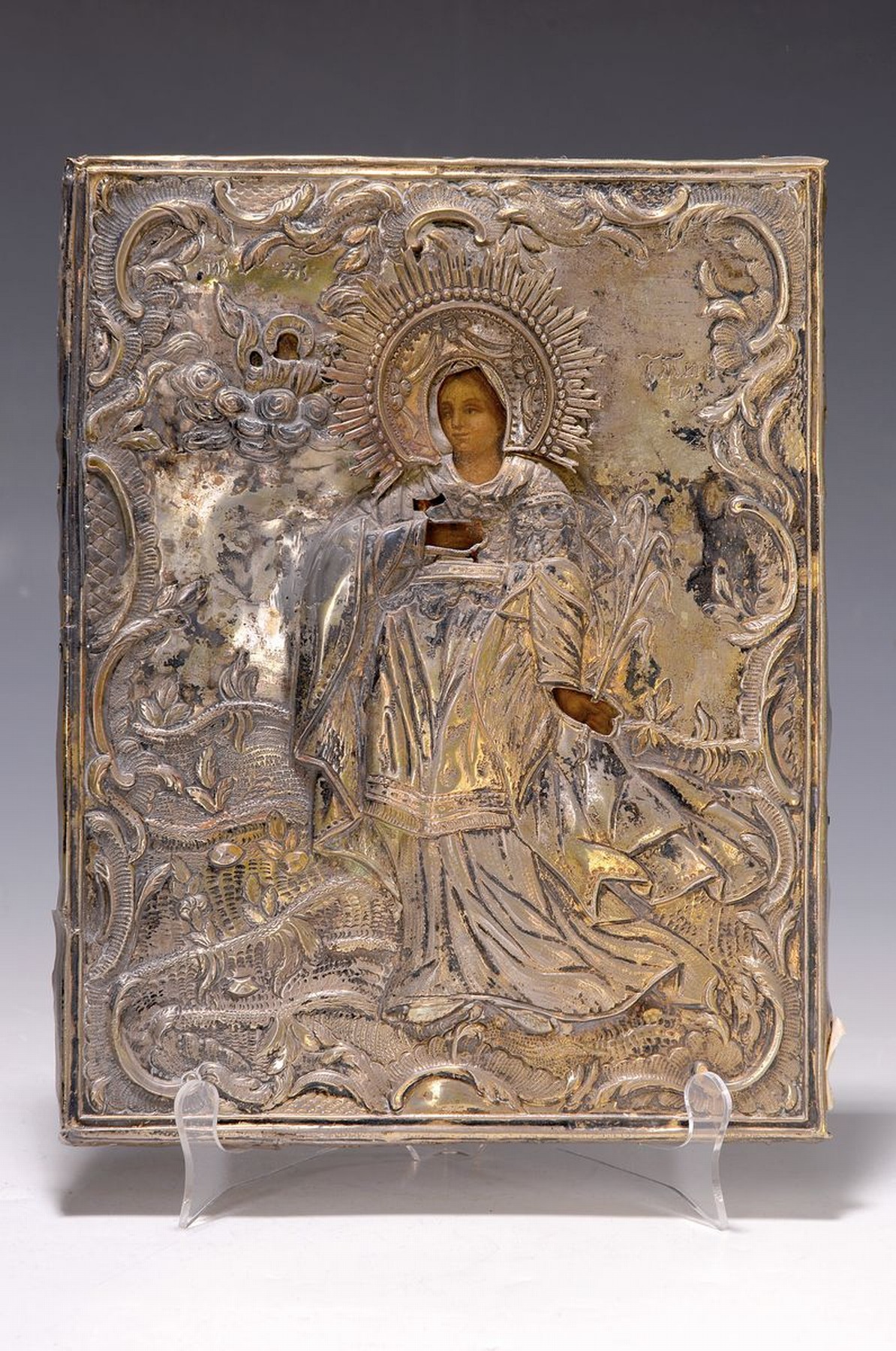 Detail k: Ikone, Russland, 19. Jh., Eitempera/Holz, geprägtes Silbersud-Oklad, Alters- und Gebr.-spuren, ca. 26.5 x 20 cm