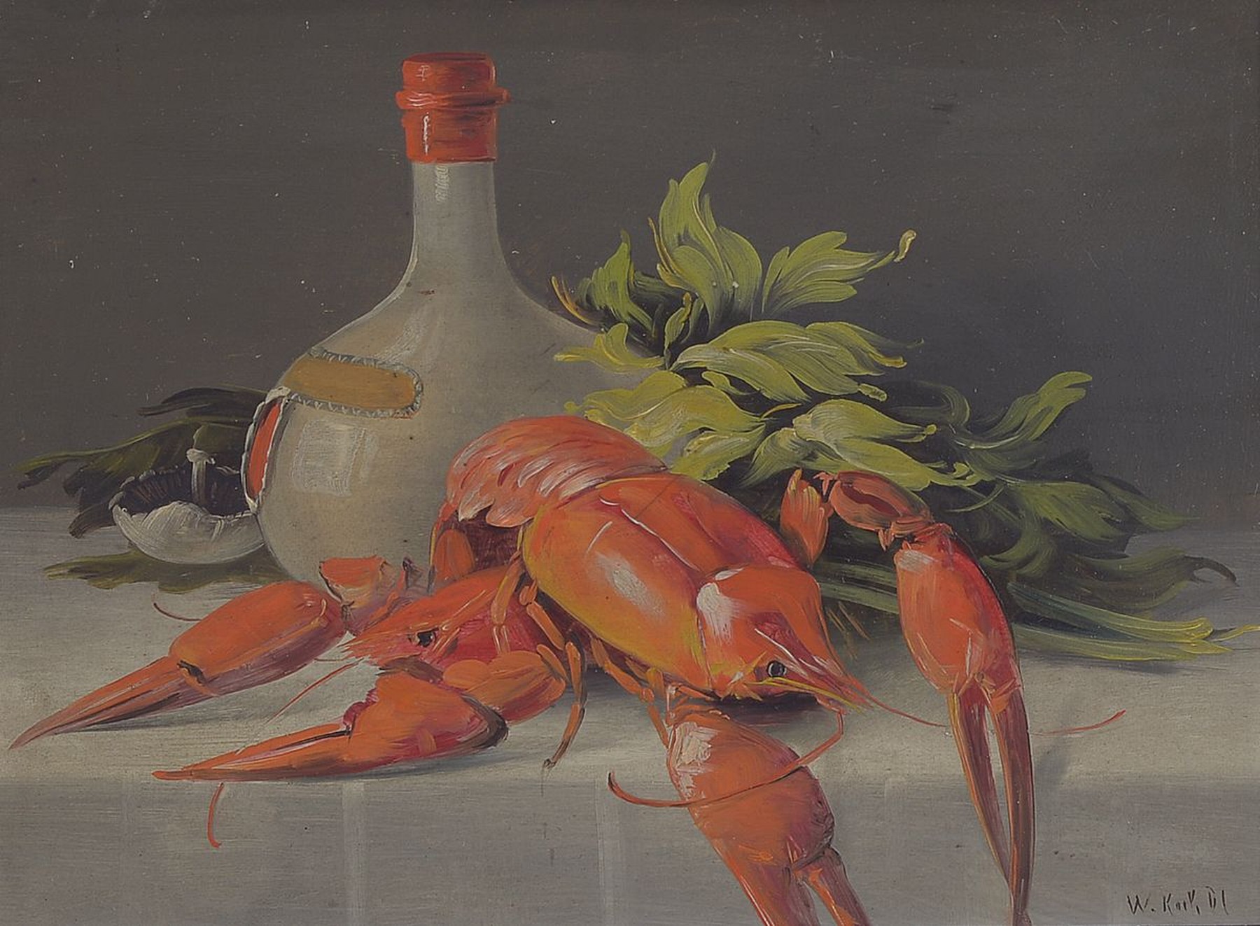 W. Koch, Künstler des späten 19.Jh., Zwei Küchen-Stillleben: Hummer m. Flasche und Pilz, dazu: zwei Fasane m. Krug, Birne u. Rosmarin, je rechts ...