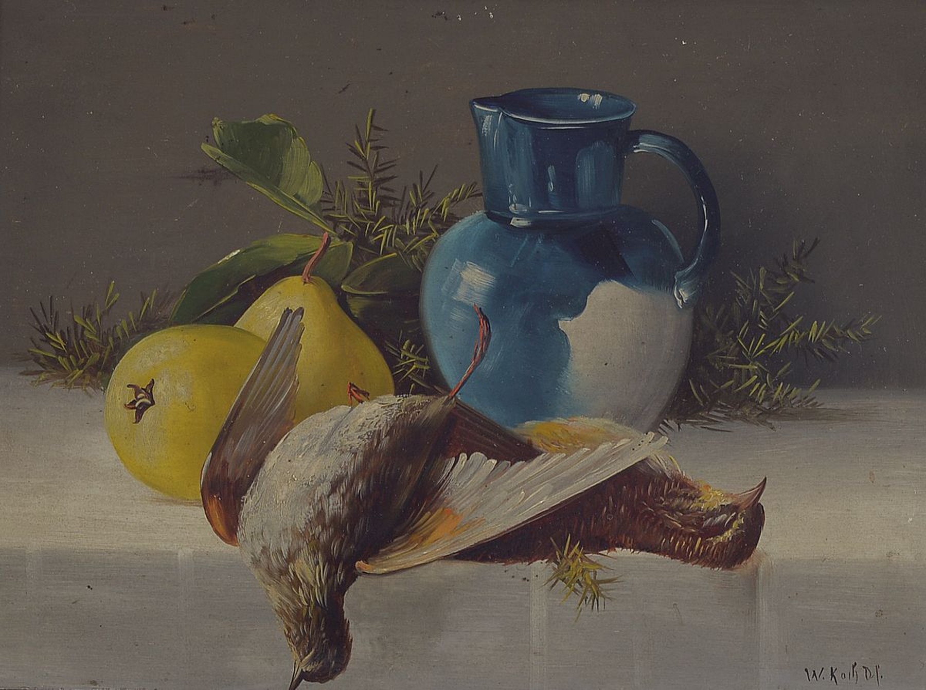 Detail a: W. Koch, Künstler des späten 19.Jh., Zwei Küchen-Stillleben: Hummer m. Flasche und Pilz, dazu: zwei Fasane m. Krug, Birne u. Rosmarin, je rechts ...