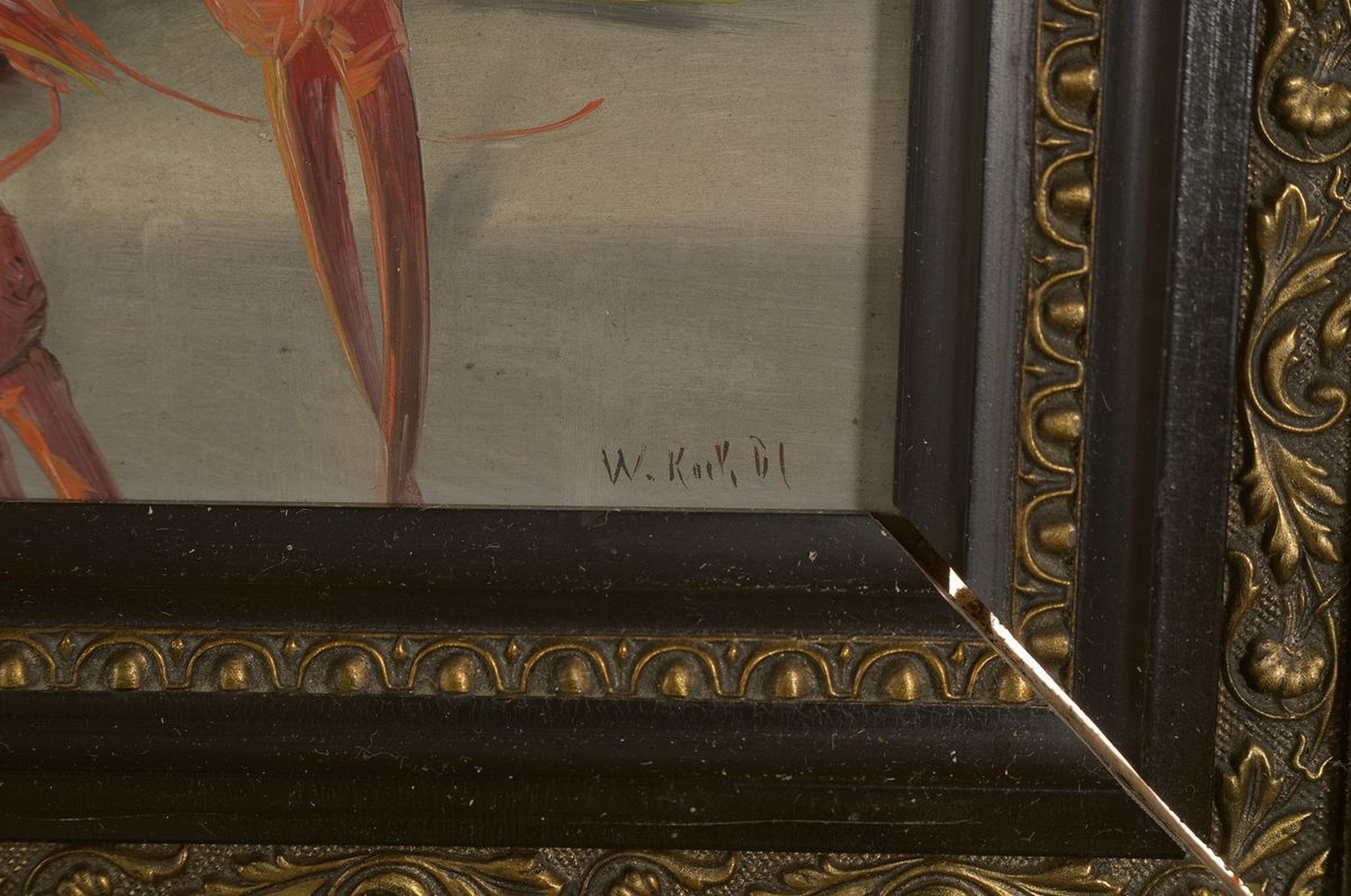 Detail b: W. Koch, Künstler des späten 19.Jh., Zwei Küchen-Stillleben: Hummer m. Flasche und Pilz, dazu: zwei Fasane m. Krug, Birne u. Rosmarin, je rechts ...