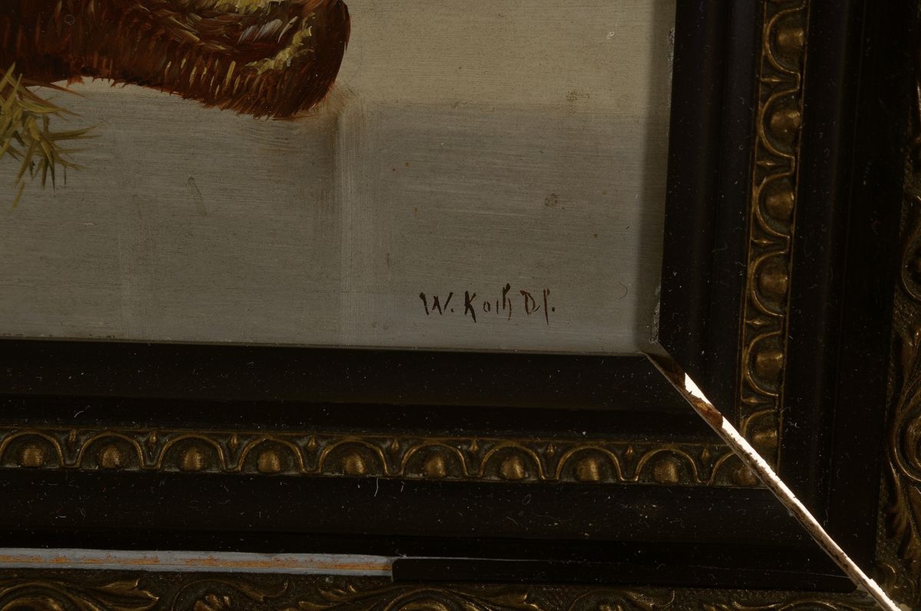 Detail c: W. Koch, Künstler des späten 19.Jh., Zwei Küchen-Stillleben: Hummer m. Flasche und Pilz, dazu: zwei Fasane m. Krug, Birne u. Rosmarin, je rechts ...