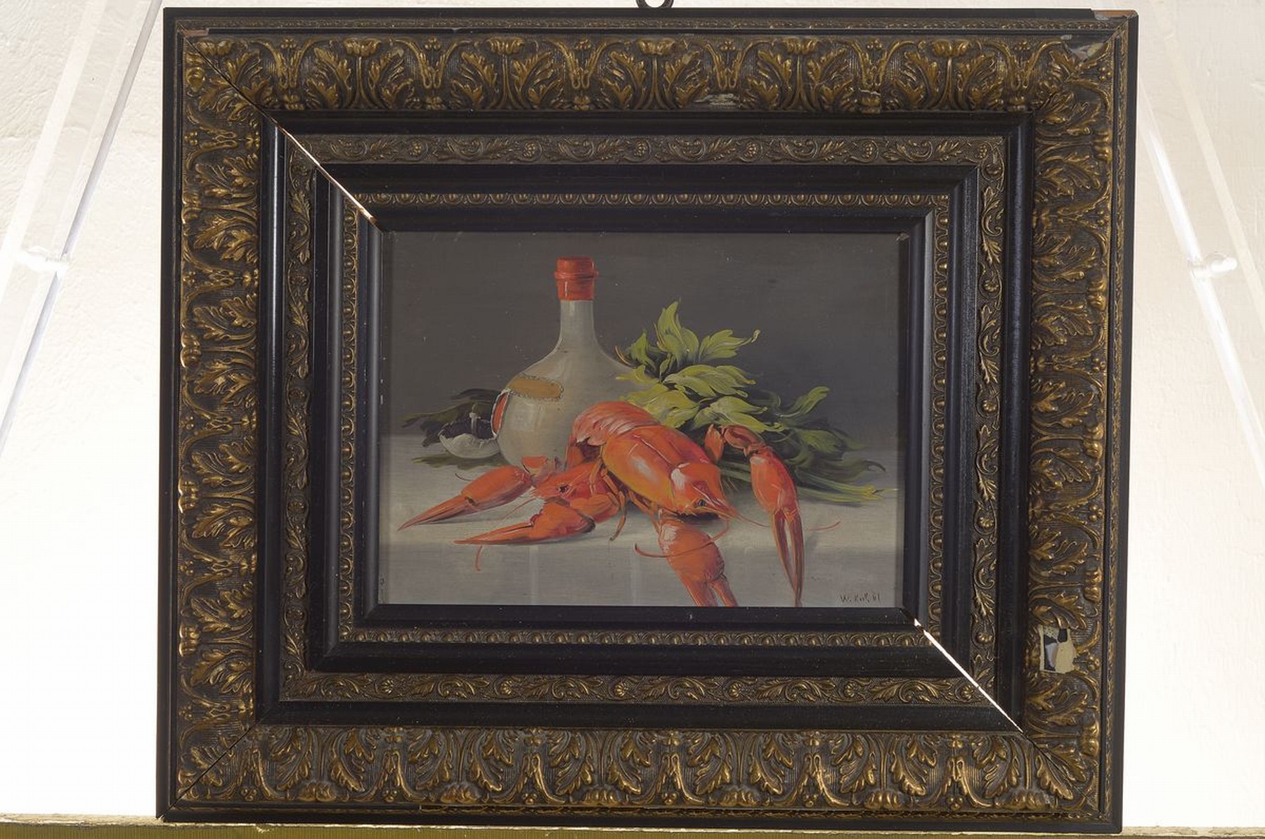 Detail k: W. Koch, Künstler des späten 19.Jh., Zwei Küchen-Stillleben: Hummer m. Flasche und Pilz, dazu: zwei Fasane m. Krug, Birne u. Rosmarin, je rechts ...
