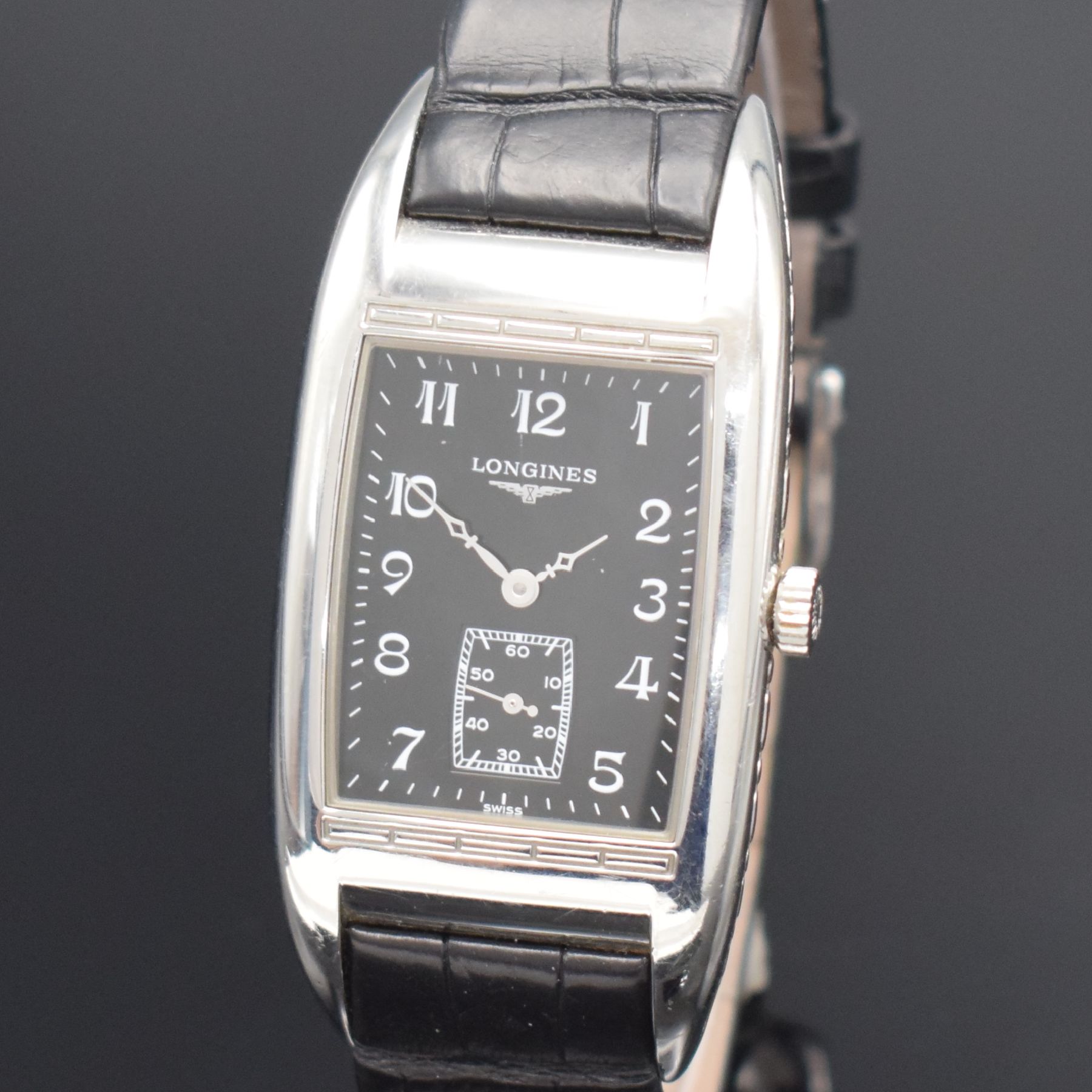 Detail c: LONGINES BelleArti Armbanduhr in Stahl Referenz L2.694.4, Schweiz um 2010, quarz, Boden 4-fach verschr., orig. Lederband m. Dornschl. zu ers., ...