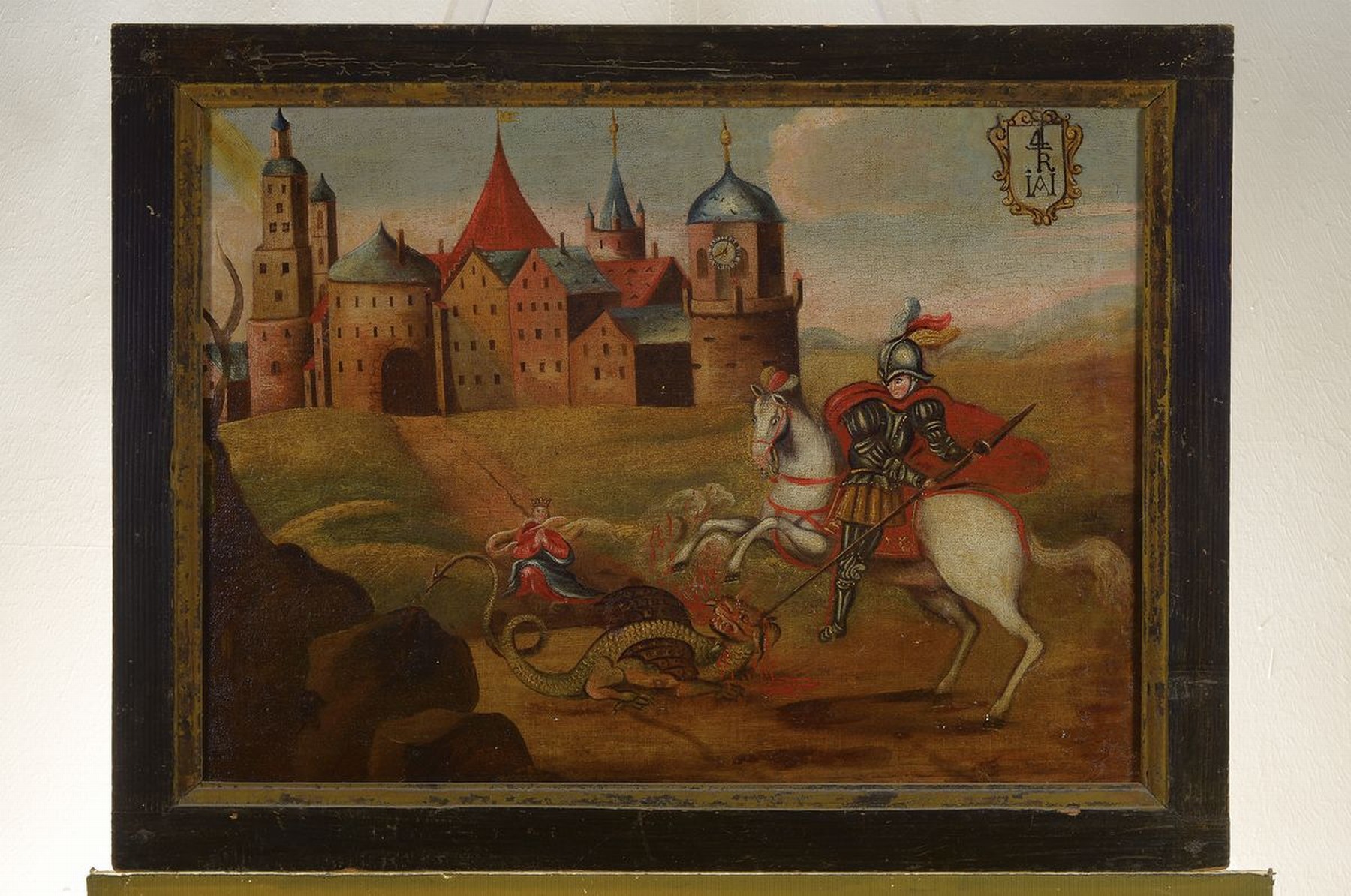 Detail k: Unbekannter Künstler, deutsch, um 1760-1780, Der Heilige Georg tötet den Drachen, im Hintergrund eine Kathedrale, Öl/Lwd, ca. 47x64cm, R. ca. ...