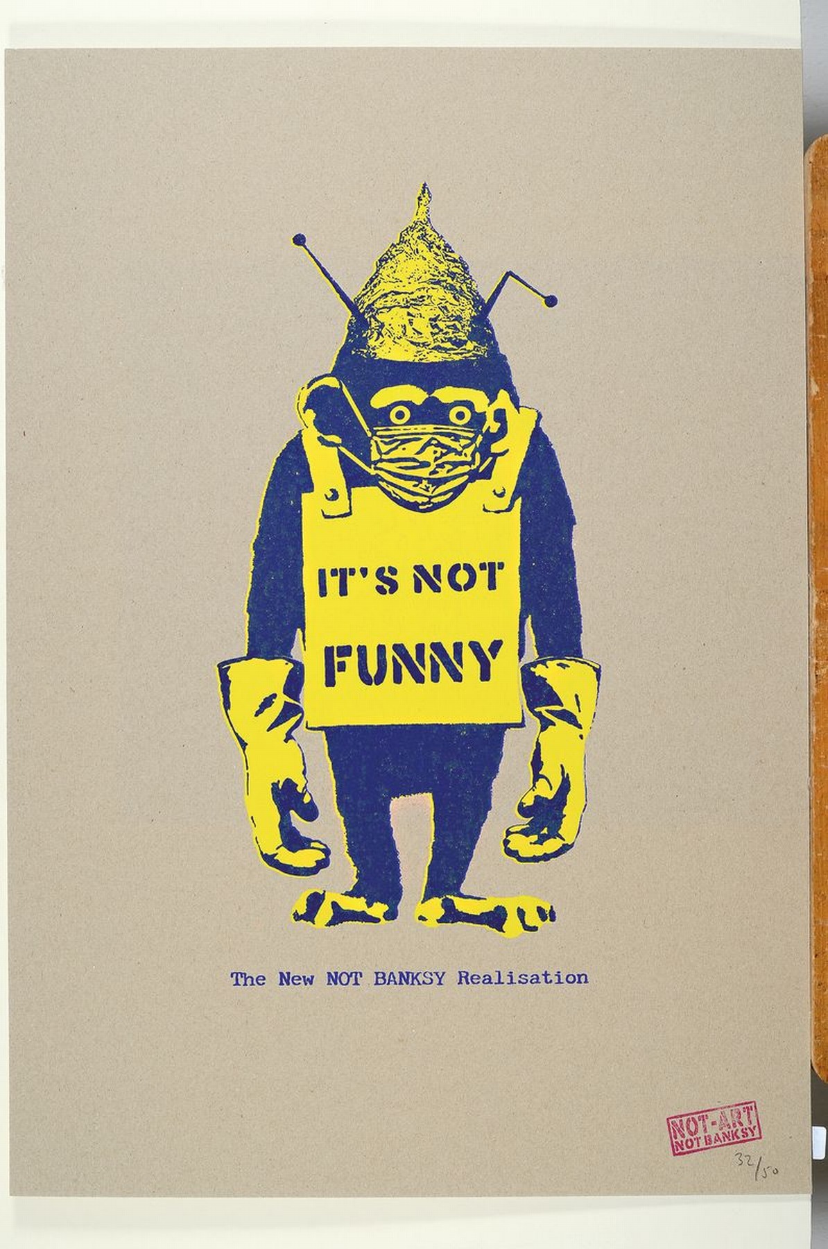 Detail k: Not by Banksy by the Real Not Banksy Realisation, "It´s Not Funny", Farbsiebdruck/Pappe, 2020, num. 32/50, verso sign., Stemple, inkl. ...