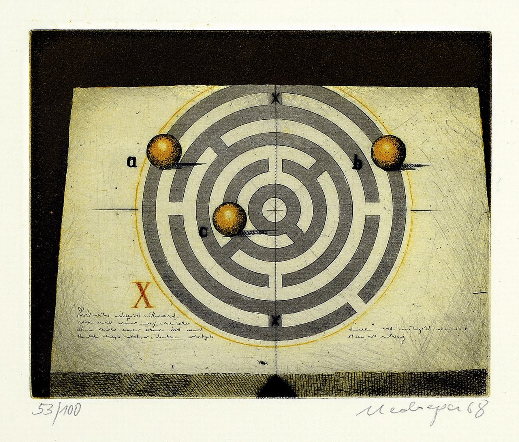 Detail a: Friedrich Meckseper, geb. 1936, 4 Farblithographien, 1x sign. und dat. 78, num. 218/260, ca. 46x35cm, u.Gl., R. ca. 79x59cm; ein Labyrinth, signiert ...