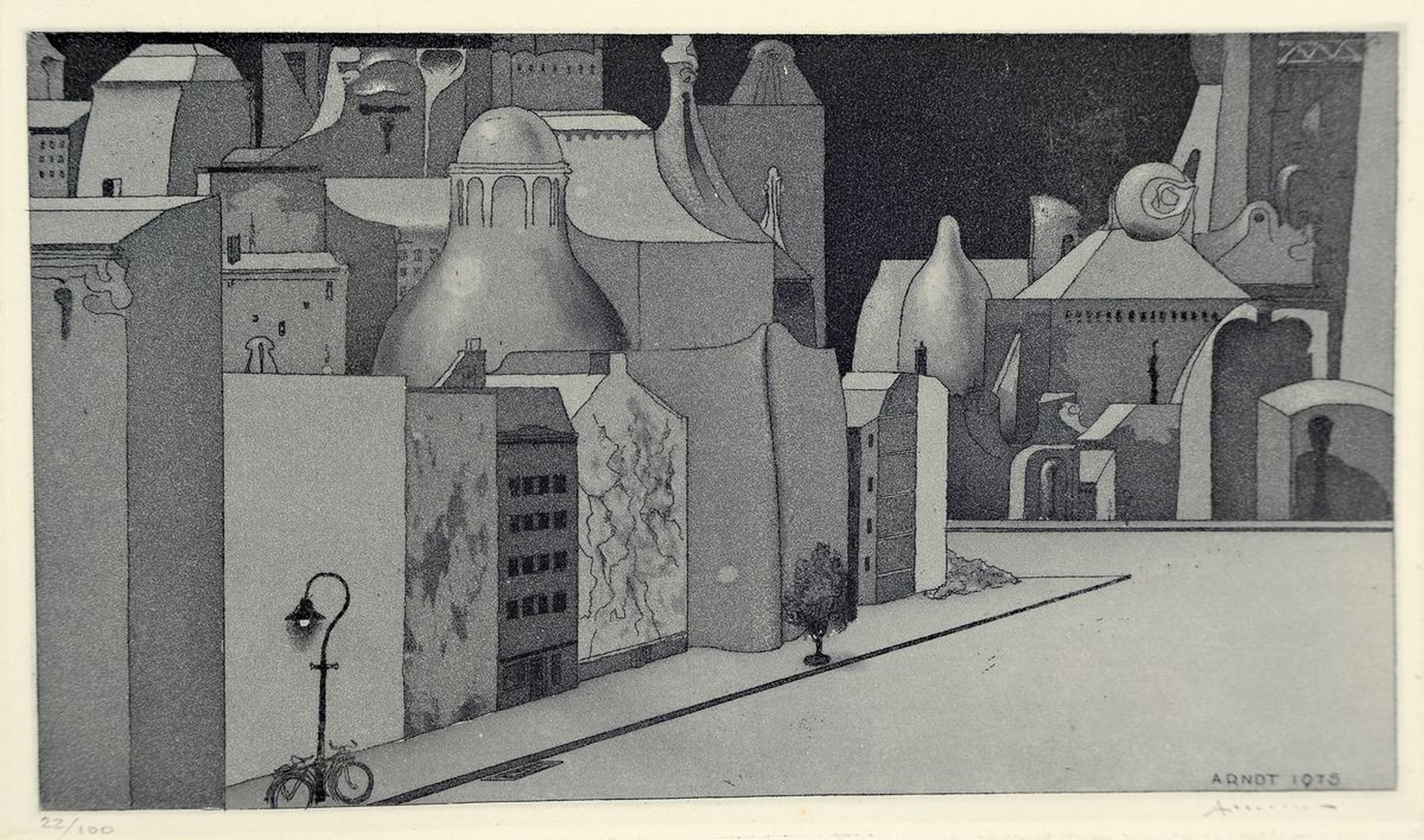 Axel Arndt, 1941 Berlin-1998 Waiblingen, 2 Aquatintaradierungen, surrealistische Stadtansichten, beide handsigniert, num. 22/100, je ca. 8x14cm , ...