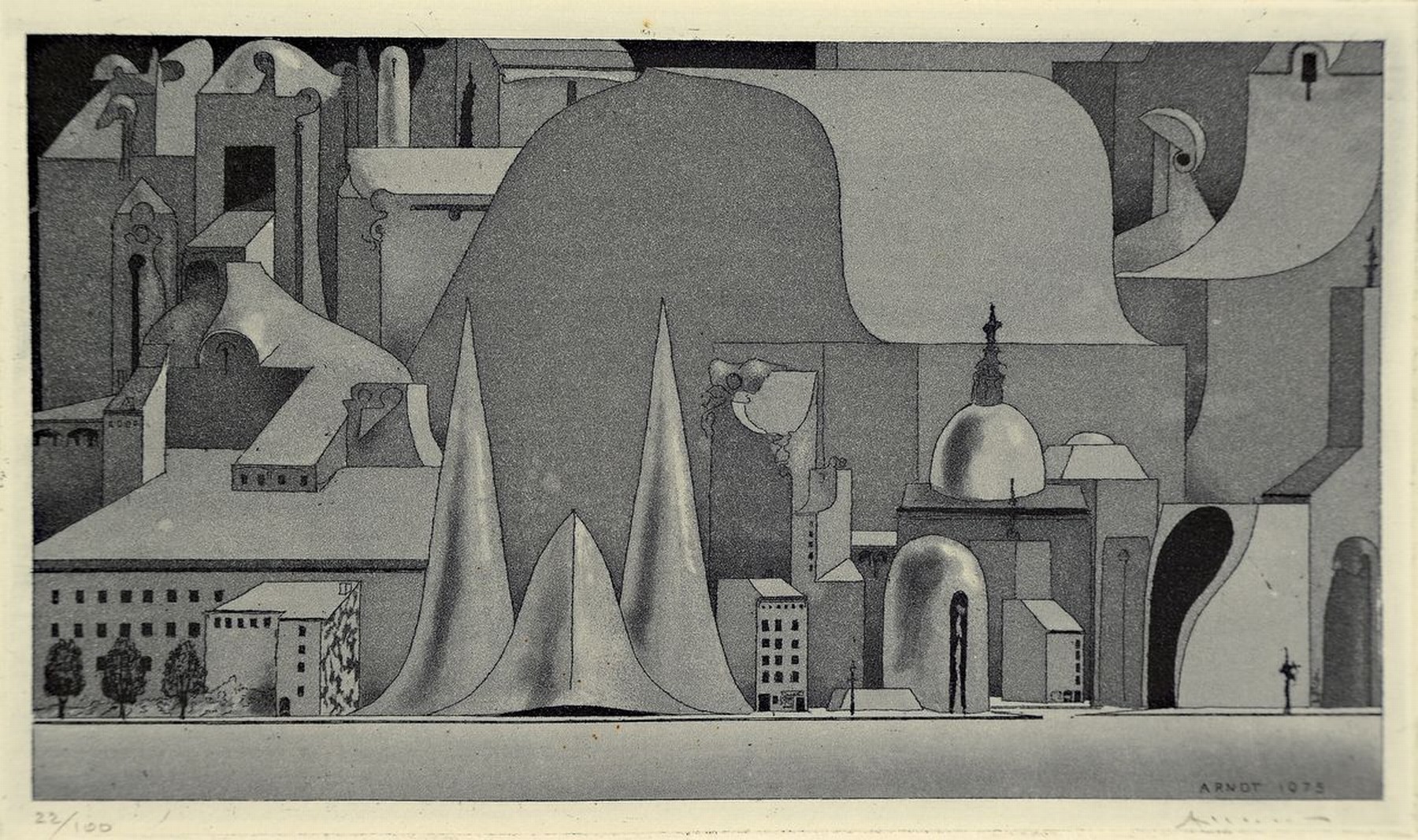 Detail a: Axel Arndt, 1941 Berlin-1998 Waiblingen, 2 Aquatintaradierungen, surrealistische Stadtansichten, beide handsigniert, num. 22/100, je ca. 8x14cm , ...