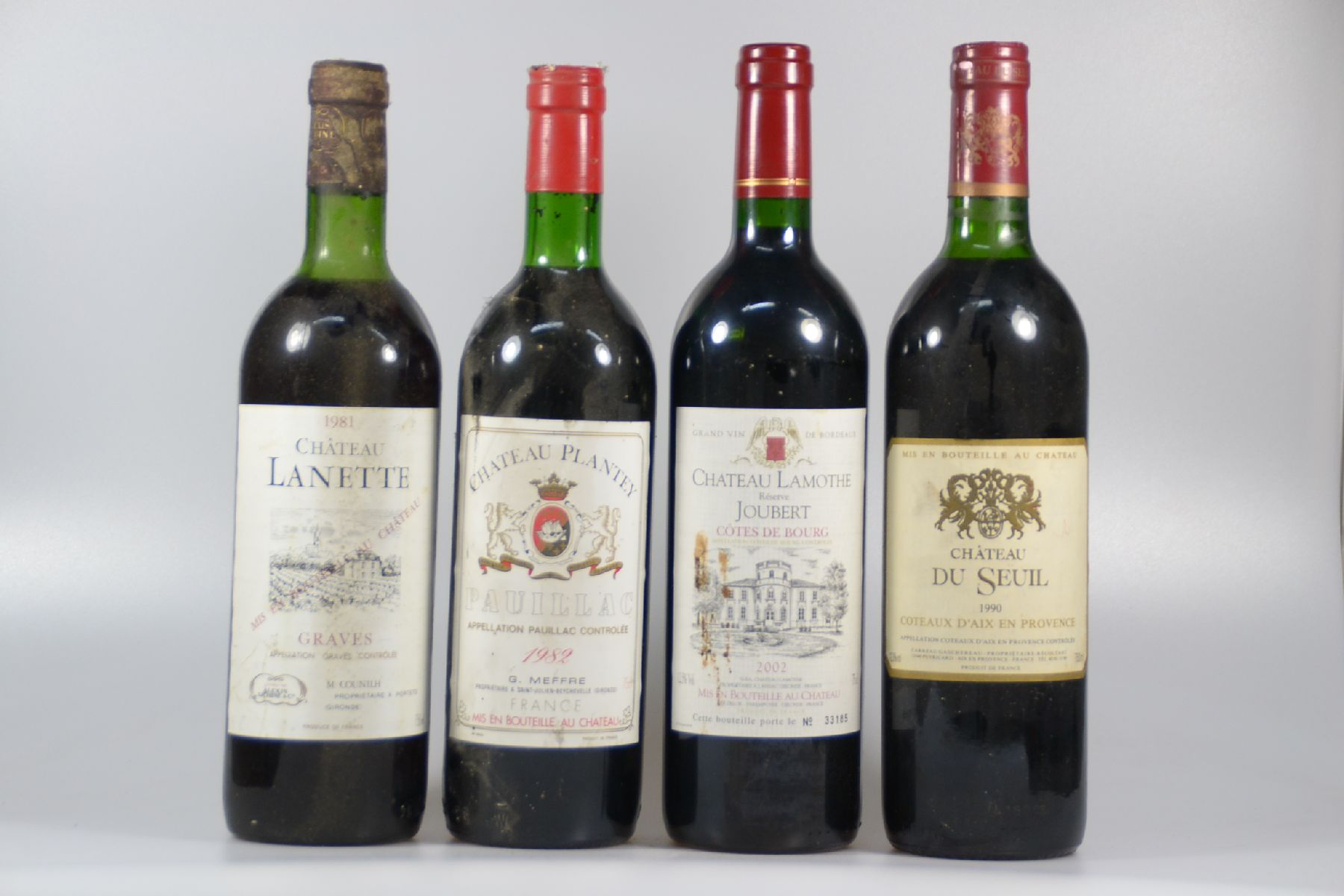 Detail a: 6 Fl. Bordeaux: 3 Fl. 1982 Chateau Plantey, Pauillac, 1 Fl. 2002 Chateau Lamothe 1 Fl. 1981 Chateau Lanette Graves, 1 Fl. 1990 Chateau Du Seuil, ...