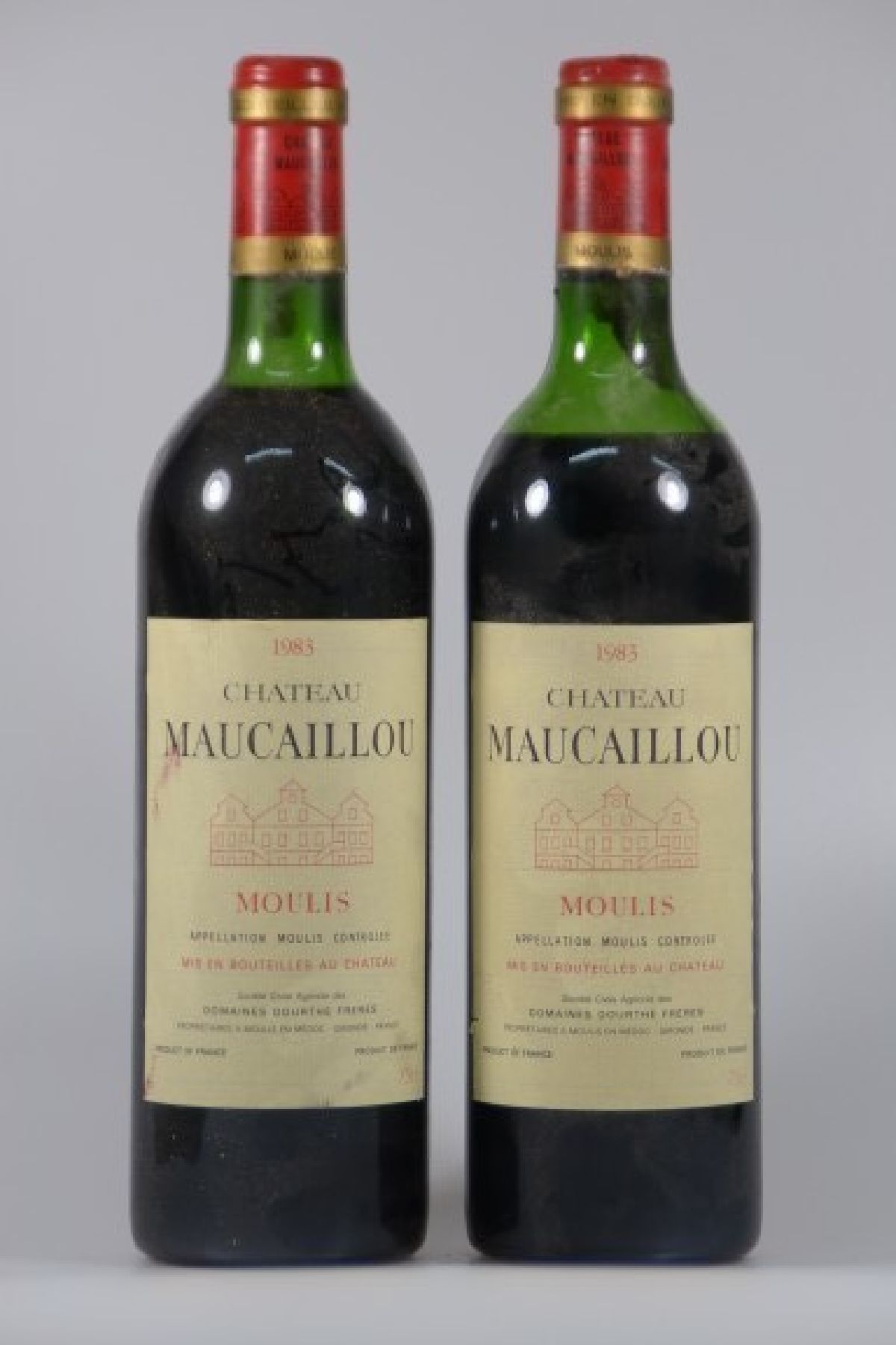 10 Fl. 1983 Chateau Maucaillou, Moulis, Domaines Dourthe Freres, mid shoulder und besser, 75 cl., nicht verkostet, aus einer Weinkellerauflösung