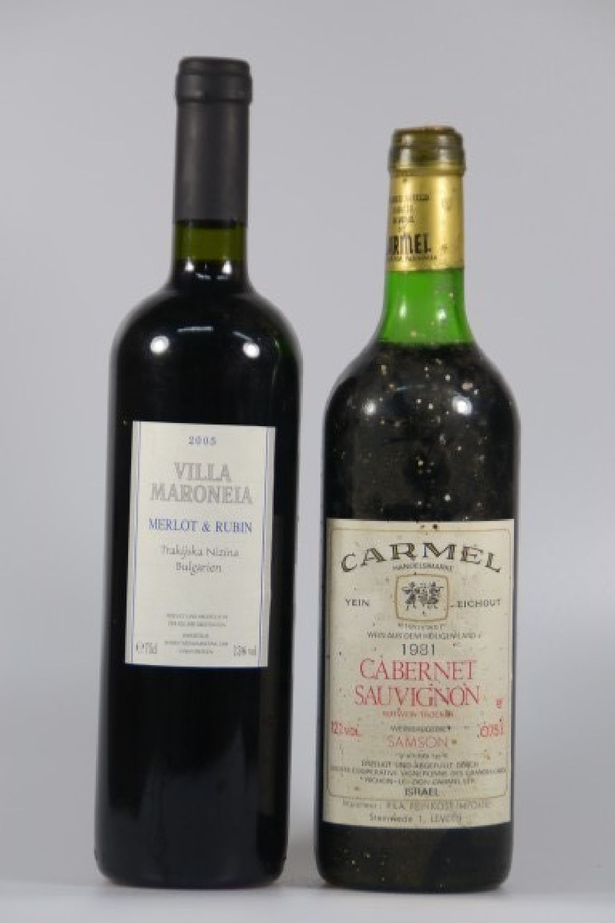Detail b: 15 Fl. Rotwein, Bulgarien, Israel: 7 Fl. 1992 Cabernet Sauvignon, Lovico Suhindol, Bulgarien; 6 Fl. 2005 Villa Maroneia, Merlot & Rubin, Trakiiska ...