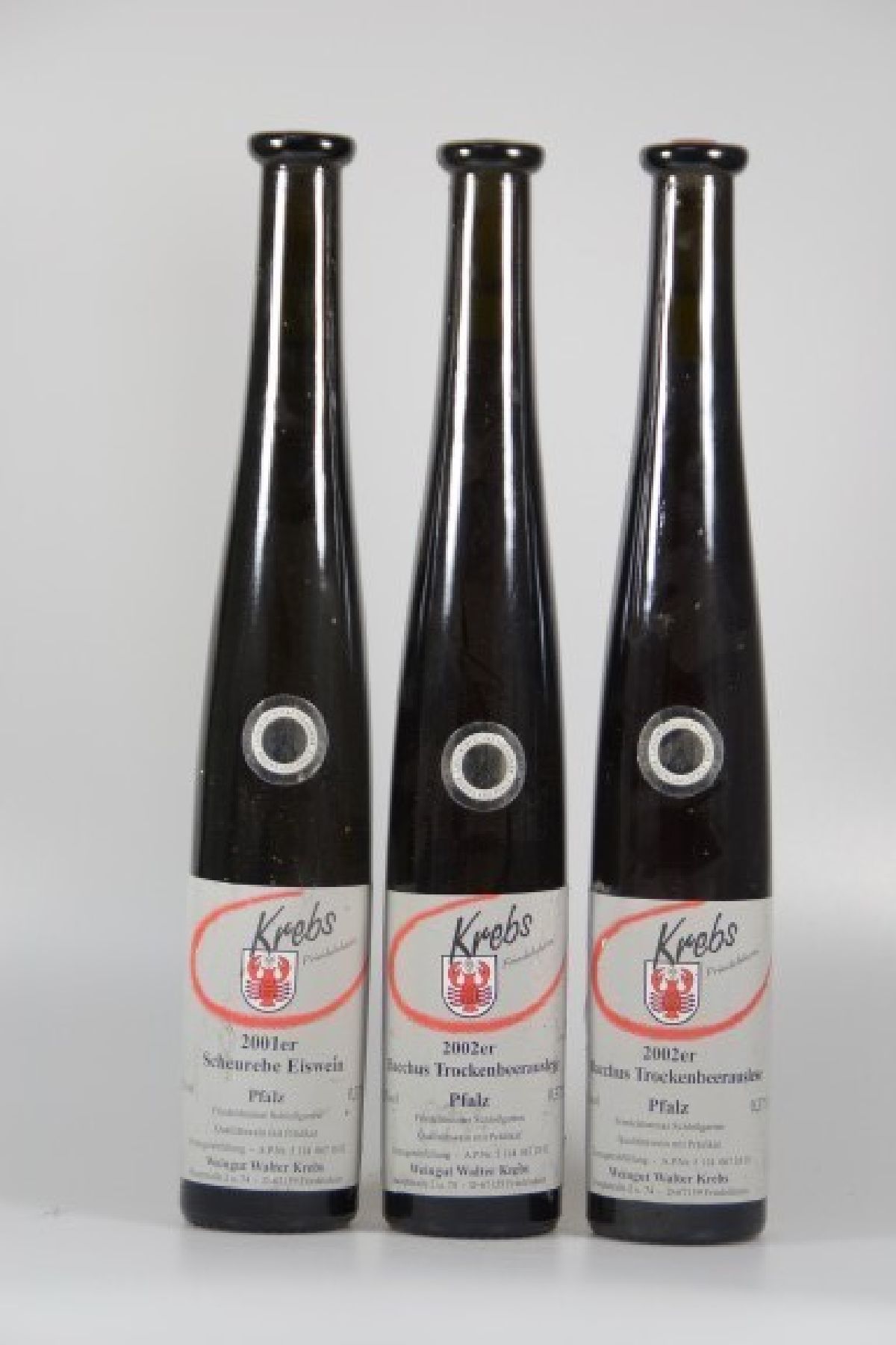 Detail a: 18 Fl. Weißwein und Rotwein Deutschland, 1 Fl. 2001er Krebs Friedelsheim Scheurebe Eiswein; 2 Fl. 2002er Krebs Friedelsheim Bacchus ...