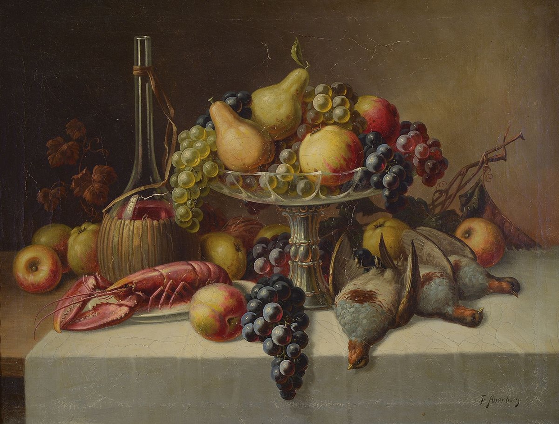 F. Auerbach, deutscher Künstler des 19.Jh., reiches Früchtestillleben m. Wein-Korbflasche, Hummer u. Truthennen, offenbare memento mori -Symbolik, ...